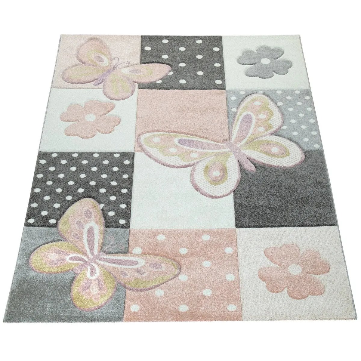 Kids Room Rug with Butterflies and pink Flowers in Pastel Colors