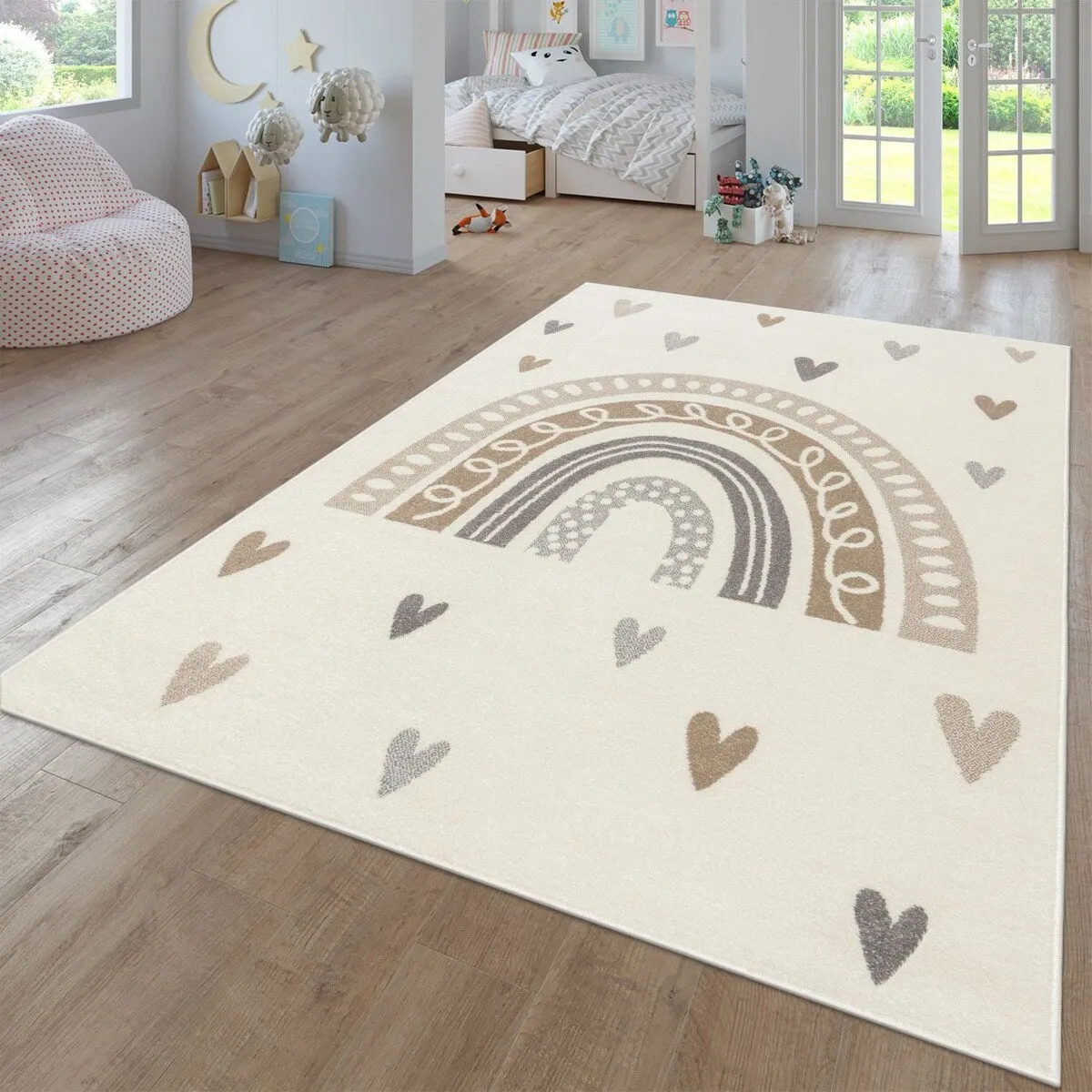 Kids Rug with Rainbow and Hearts in Pastel Colors