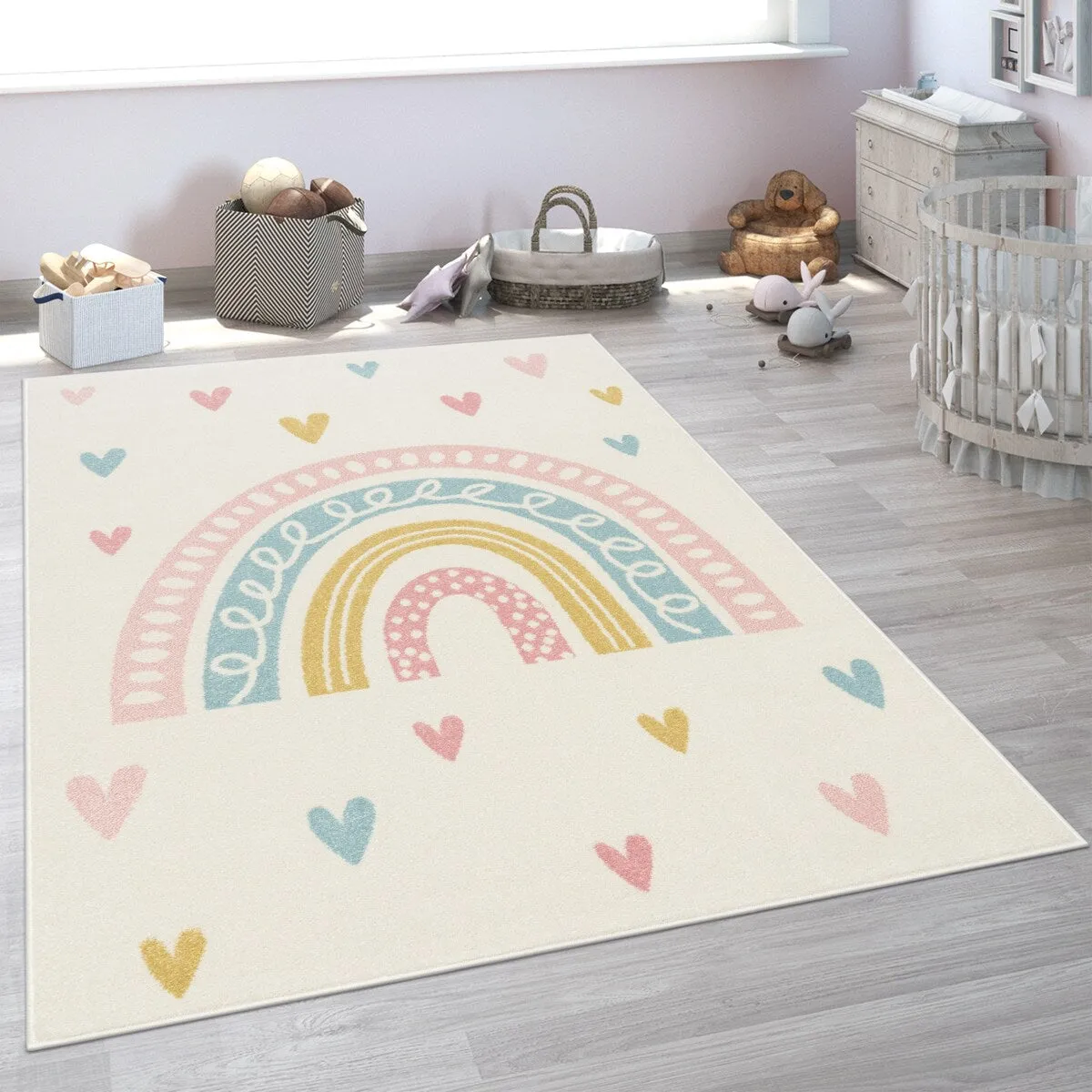 Kids Rug with Rainbow and Hearts in Pastel Colors