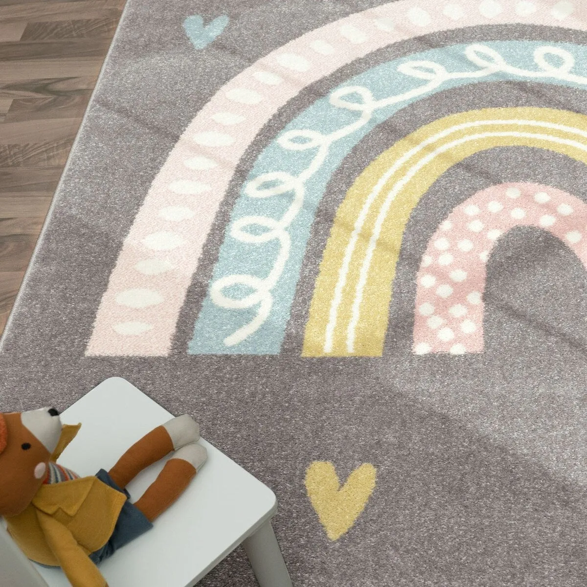 Kids Rug with Rainbow and Hearts in Pastel Colors