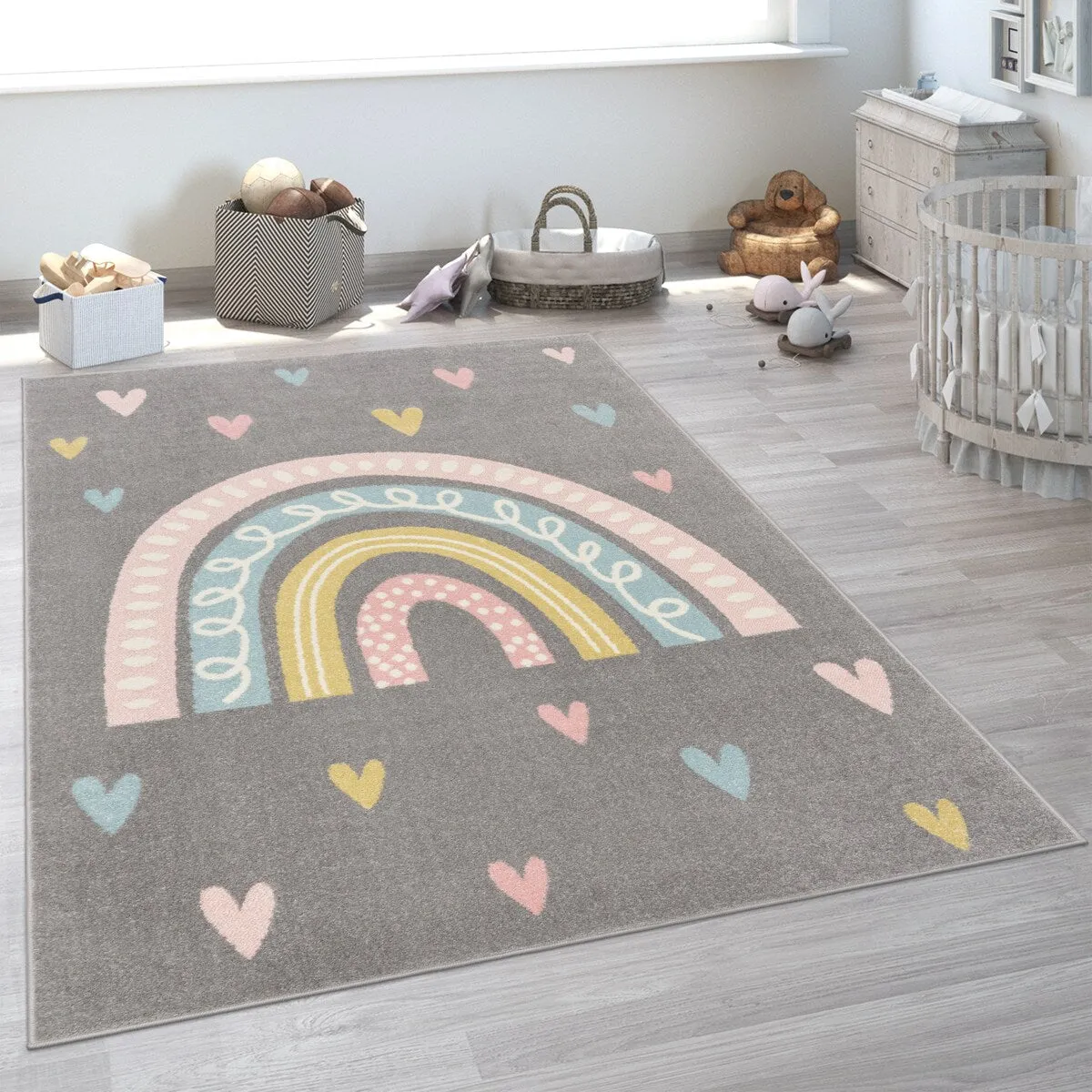 Kids Rug with Rainbow and Hearts in Pastel Colors