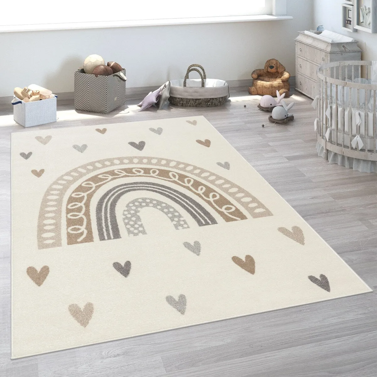 Kids Rug with Rainbow and Hearts in Pastel Colors