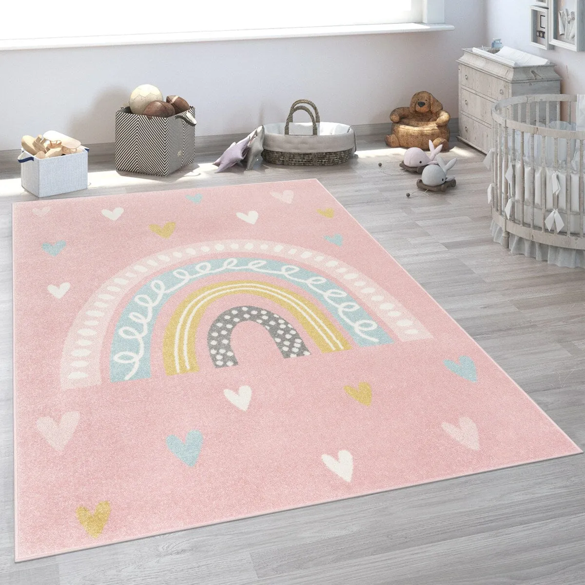 Kids Rug with Rainbow and Hearts in Pastel Colors
