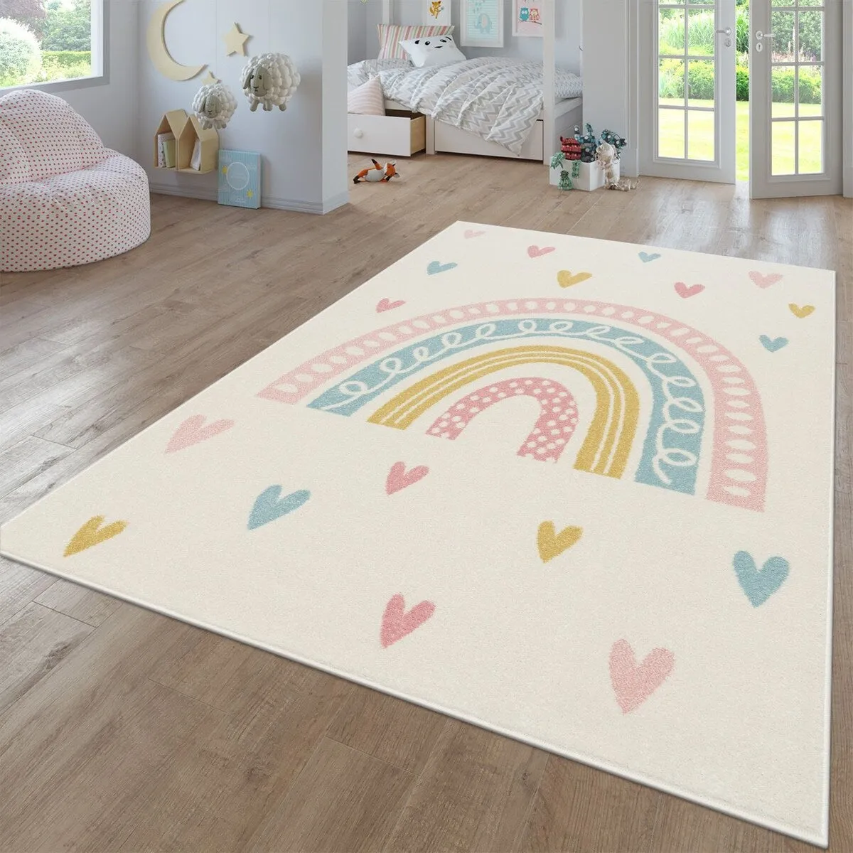 Kids Rug with Rainbow and Hearts in Pastel Colors