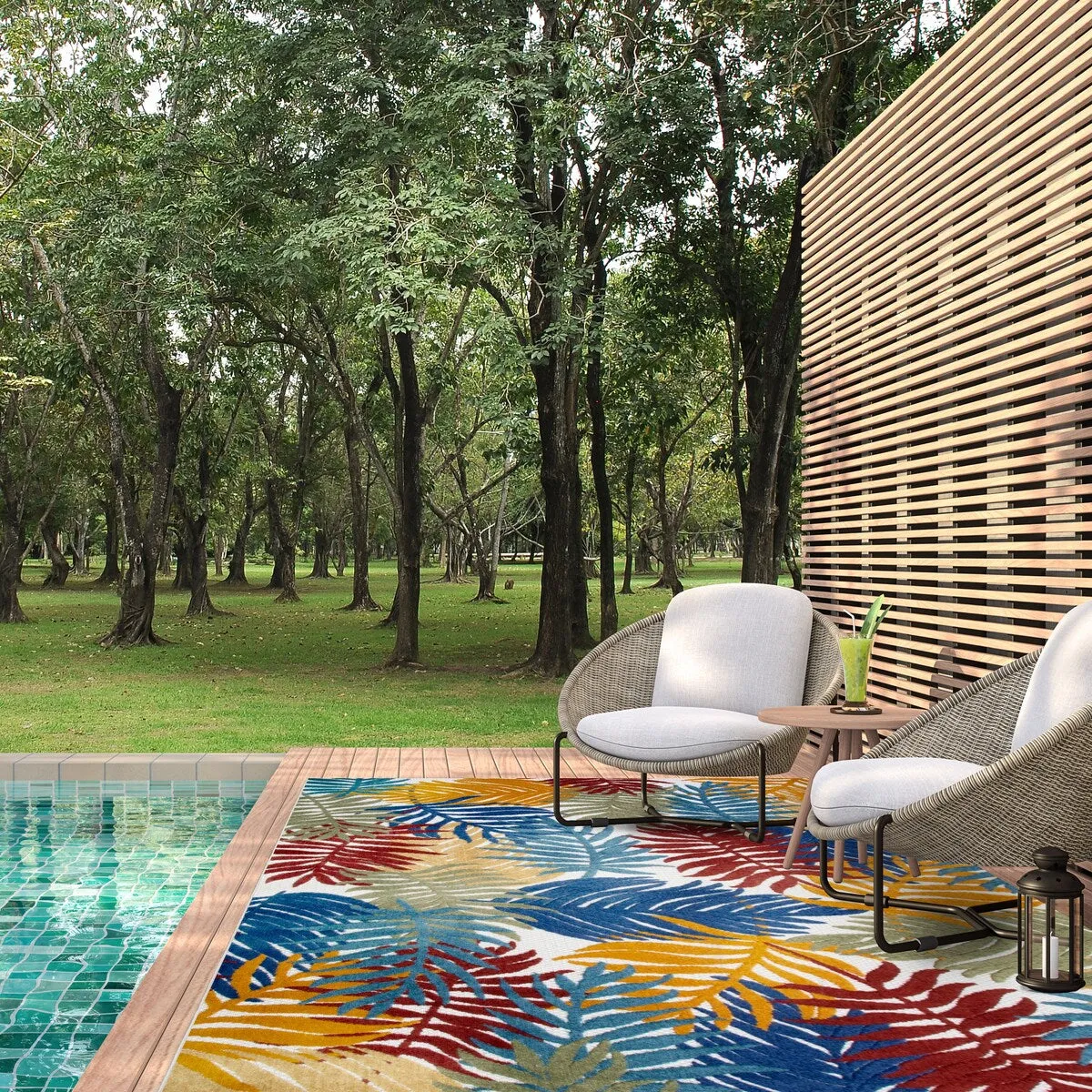 Leick Home Talipot Palm Outdoor Area Rug Rectangle 8'X10' With Non-Slip Rug Pad - 8' x 10'