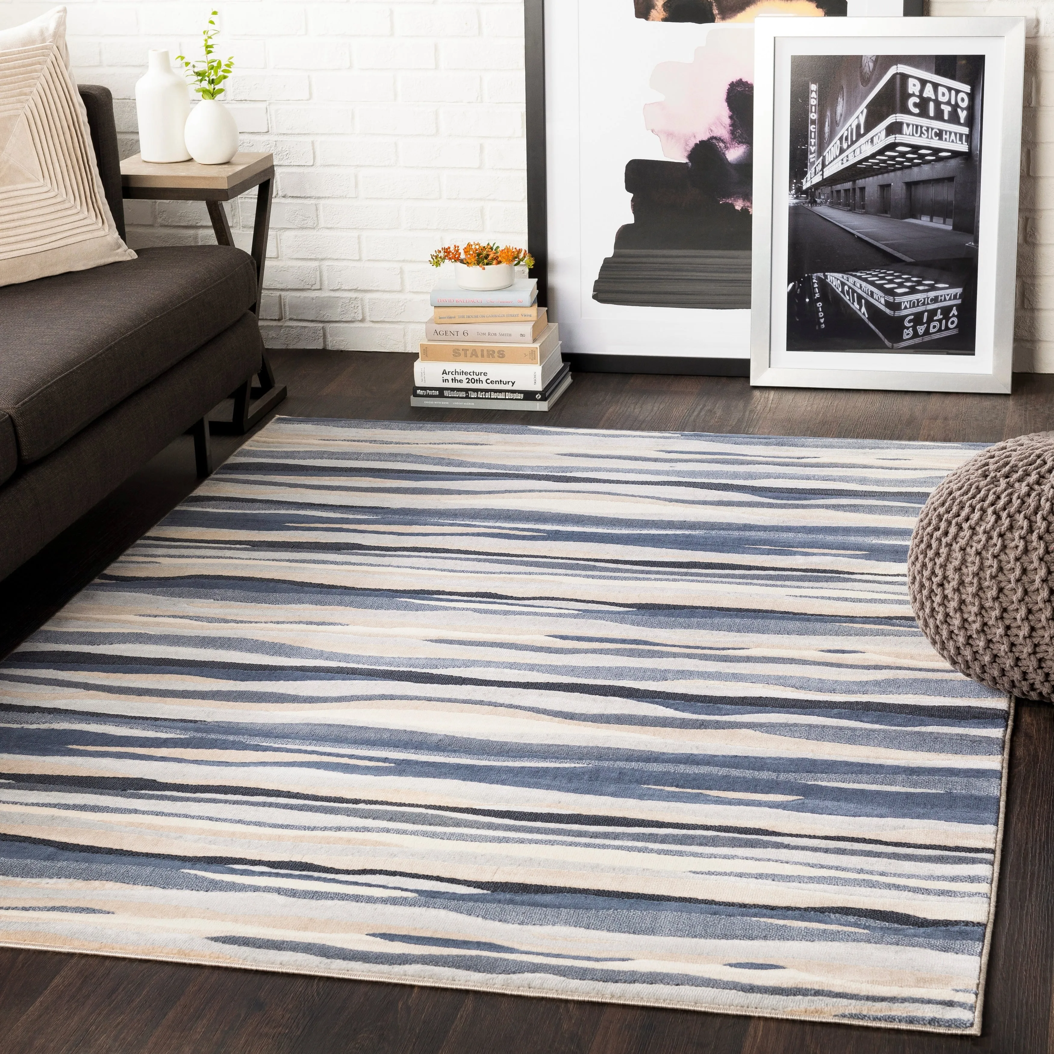 Livabliss Colton Aqua Wavy Stripes Area Rug