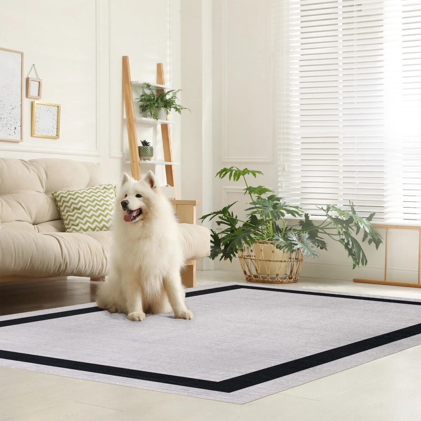 Machine Washable Area Rug With Non Slip Backing - Everest Geometric Modern Border Design