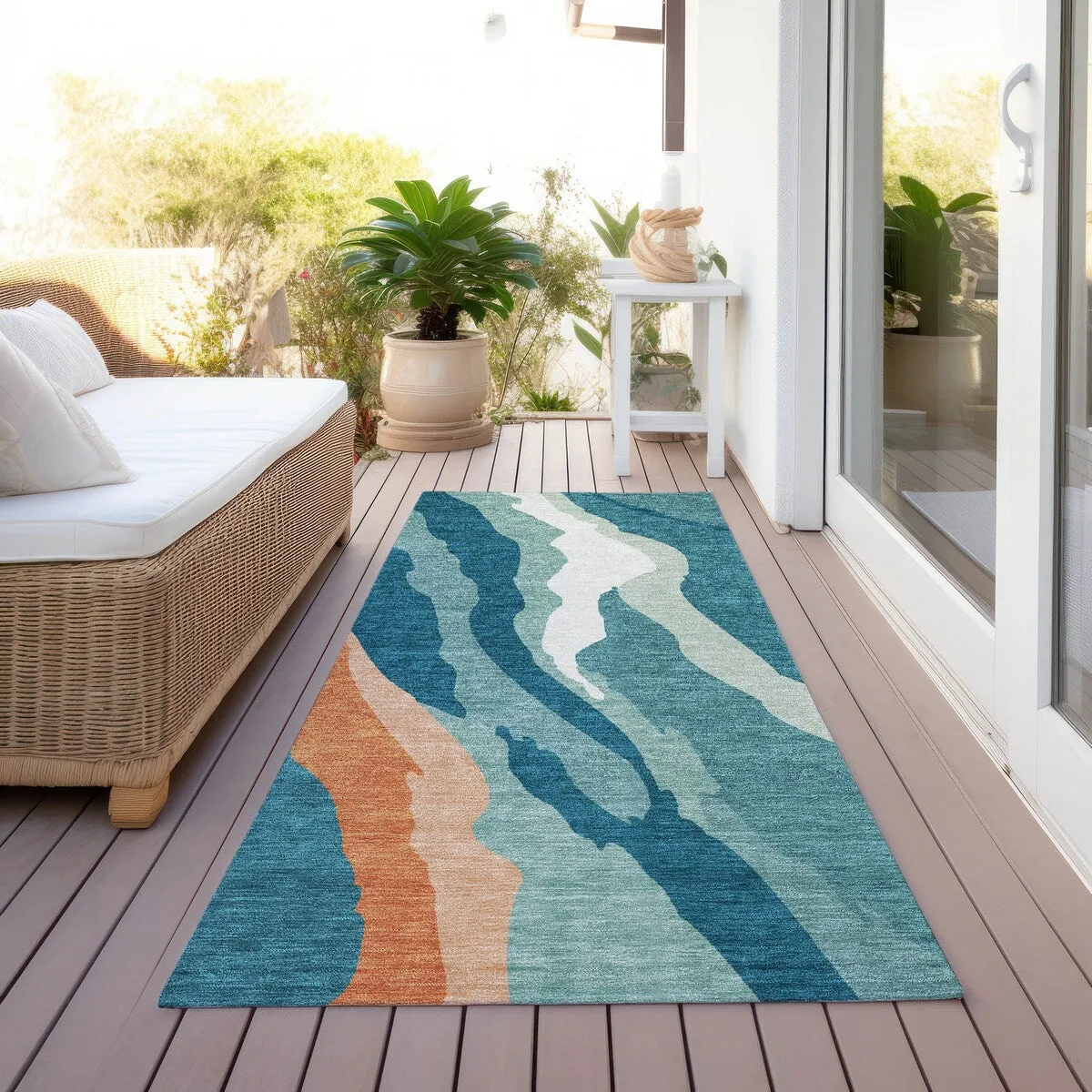 Machine Washable Indoor/ Outdoor Abstract Contemporary Chantille Rug
