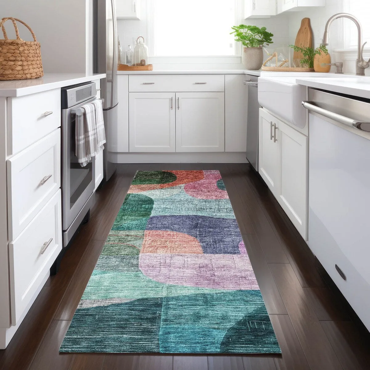 Machine Washable Indoor/ Outdoor Abstract Contemporary Chantille Rug