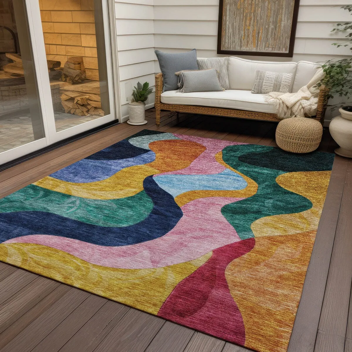 Machine Washable Indoor/ Outdoor Abstract Contemporary Chantille Rug