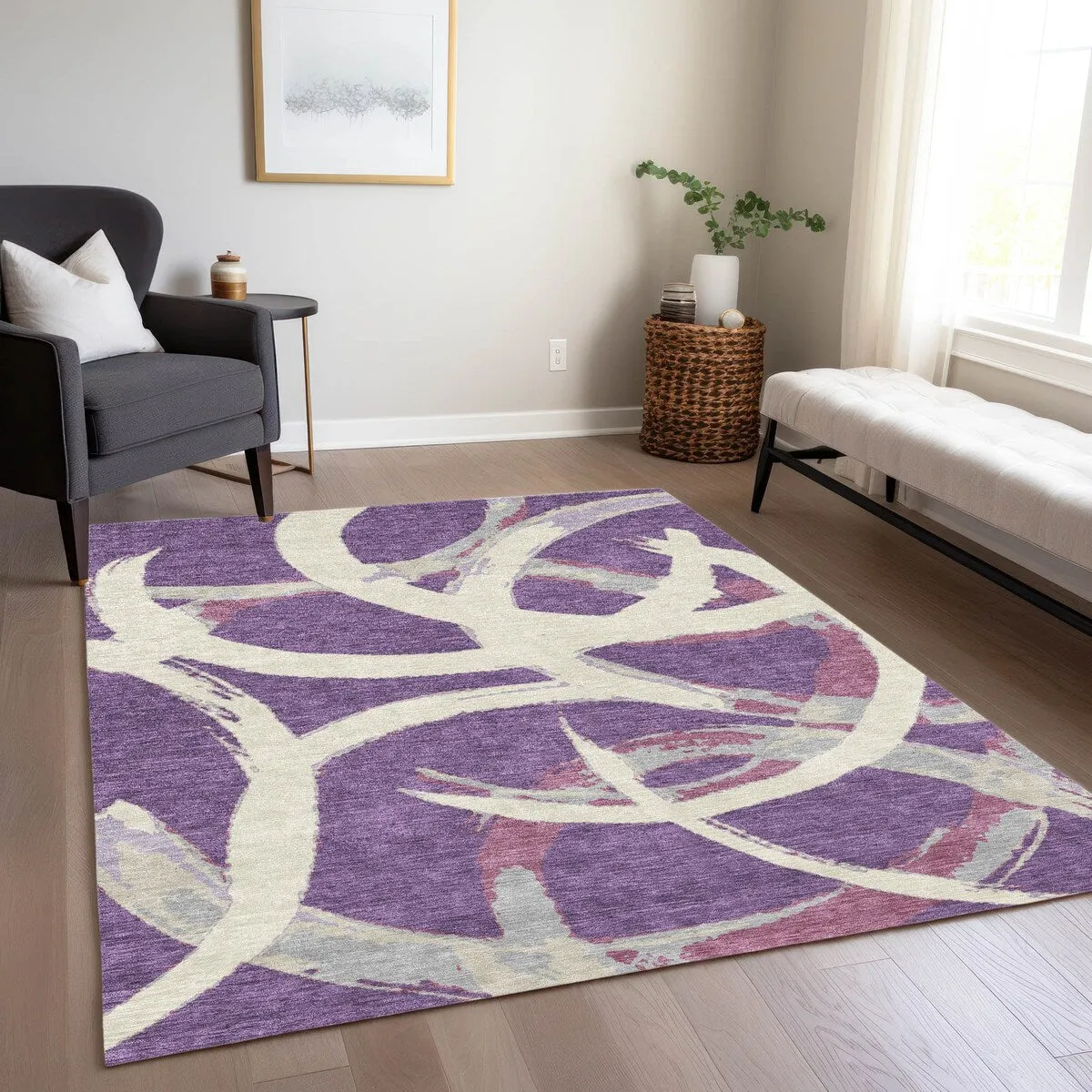 Machine Washable Indoor/ Outdoor Abstract Contemporary Chantille Rug