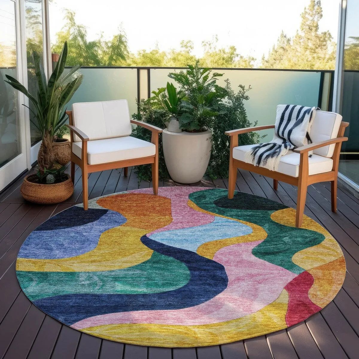 Machine Washable Indoor/ Outdoor Abstract Contemporary Chantille Rug