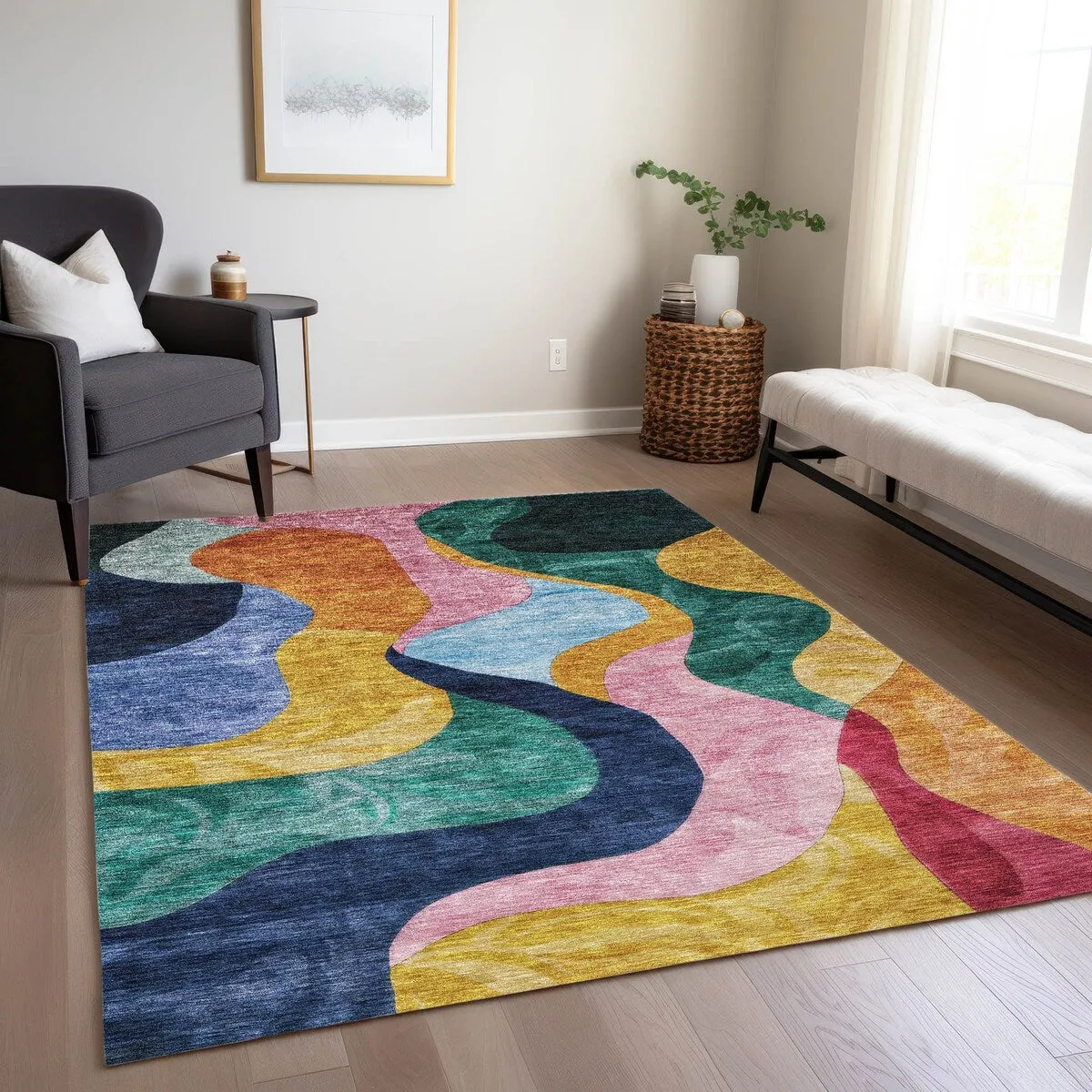 Machine Washable Indoor/ Outdoor Abstract Contemporary Chantille Rug
