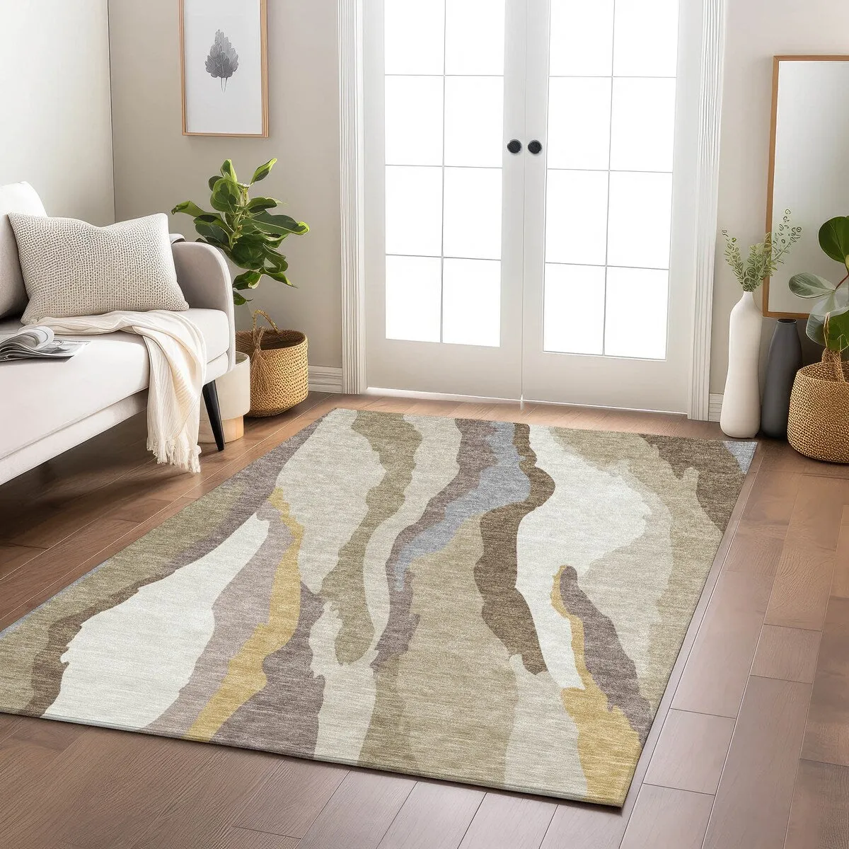 Machine Washable Indoor/ Outdoor Abstract Contemporary Chantille Rug