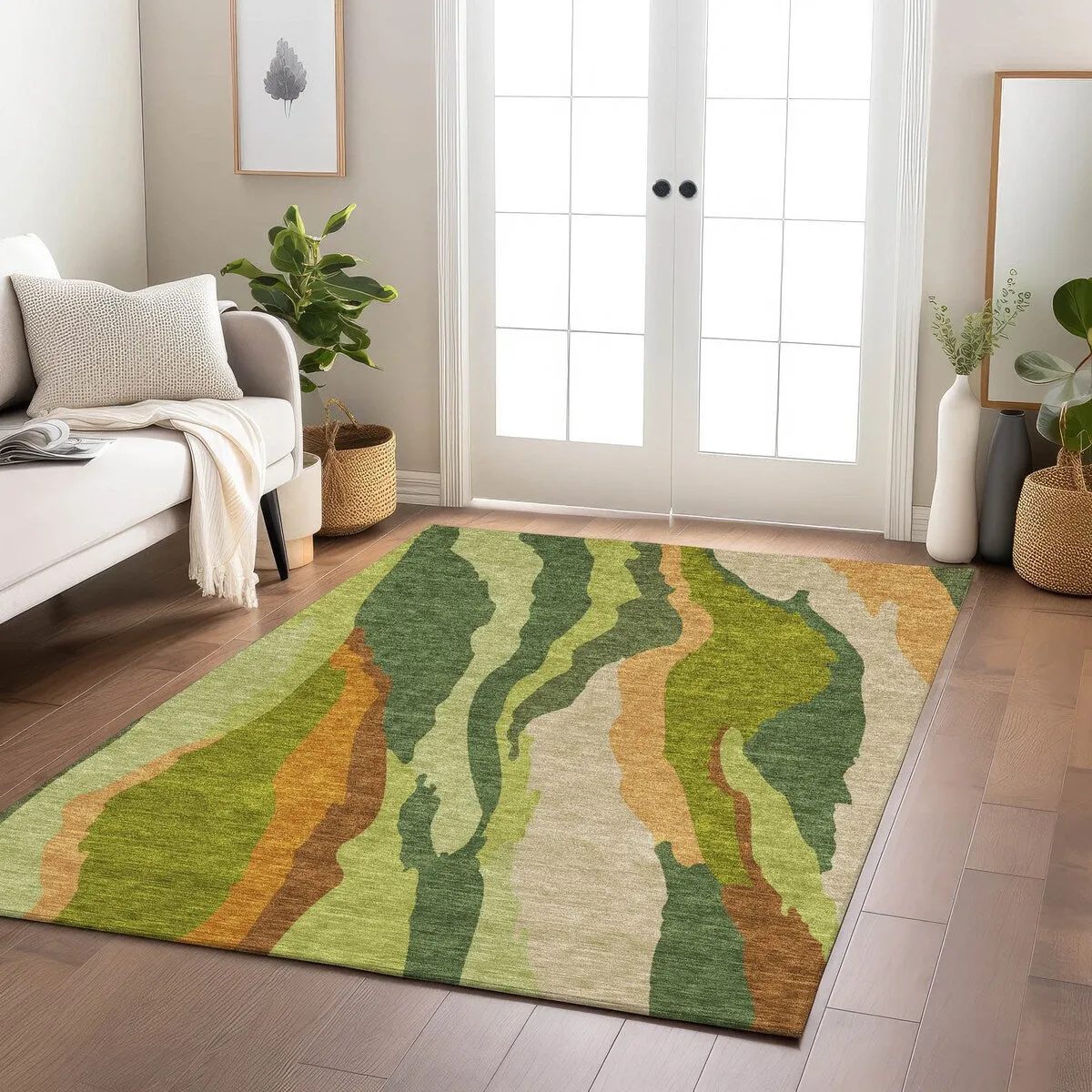 Machine Washable Indoor/ Outdoor Abstract Contemporary Chantille Rug