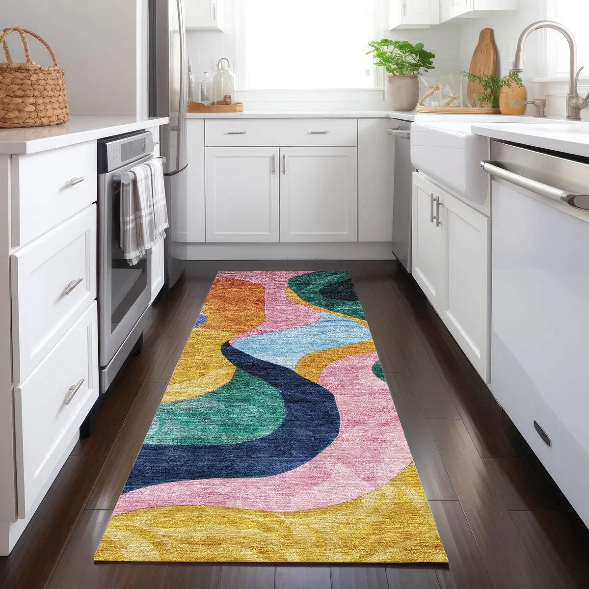 Machine Washable Indoor/ Outdoor Abstract Contemporary Chantille Rug