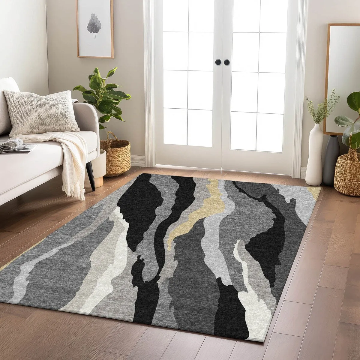 Machine Washable Indoor/ Outdoor Abstract Contemporary Chantille Rug