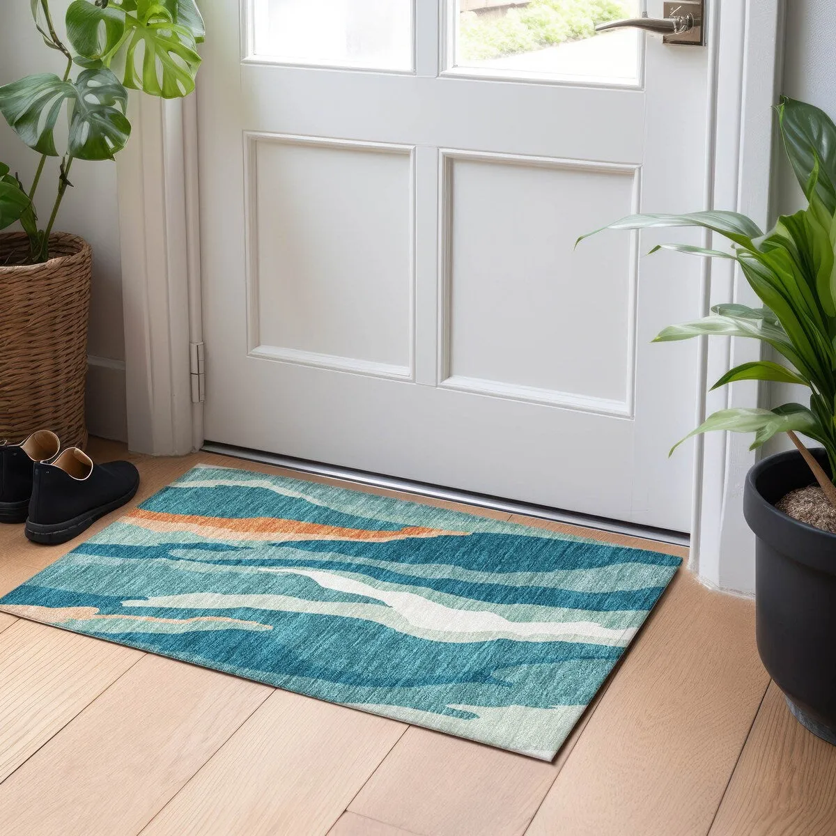 Machine Washable Indoor/ Outdoor Abstract Contemporary Chantille Rug