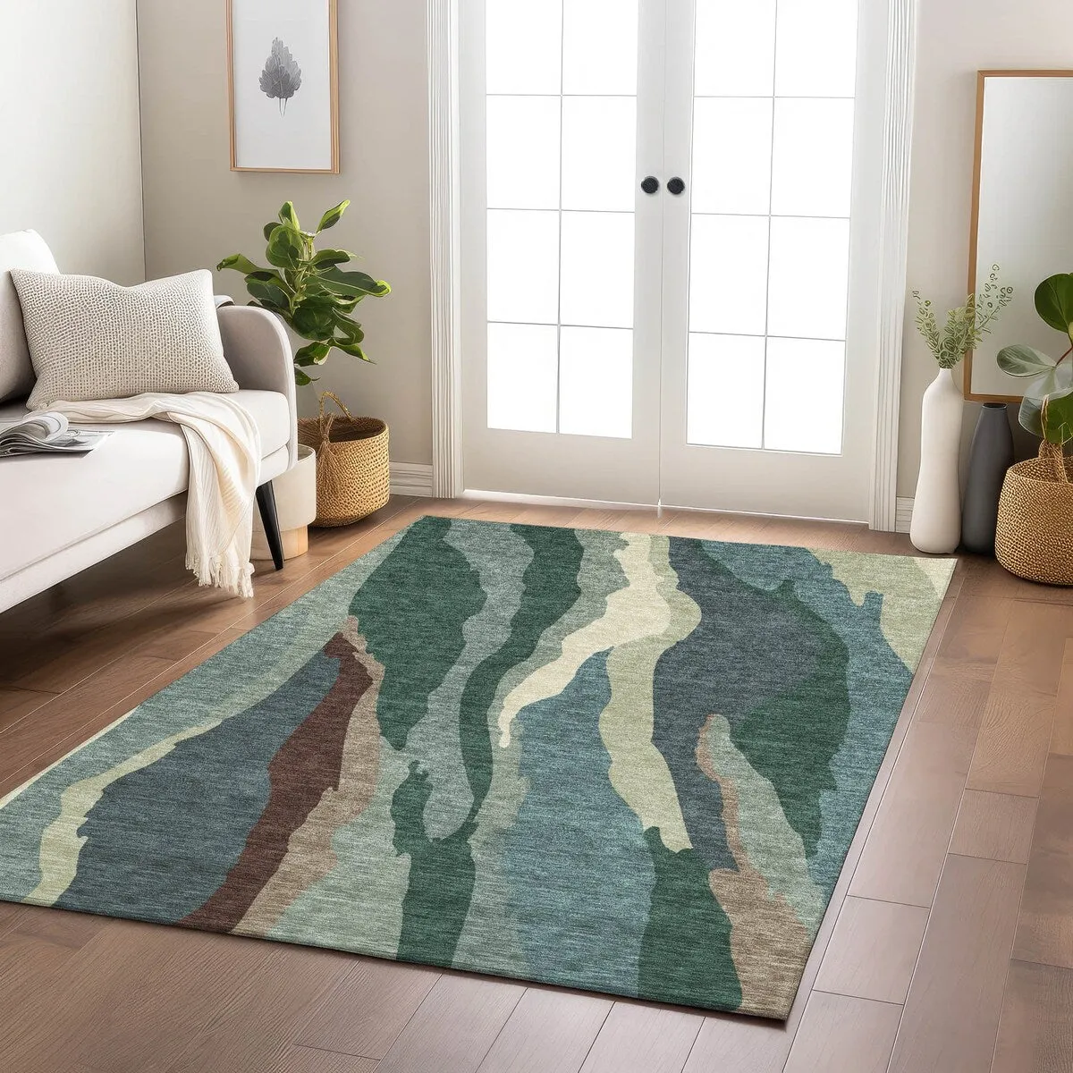 Machine Washable Indoor/ Outdoor Abstract Contemporary Chantille Rug