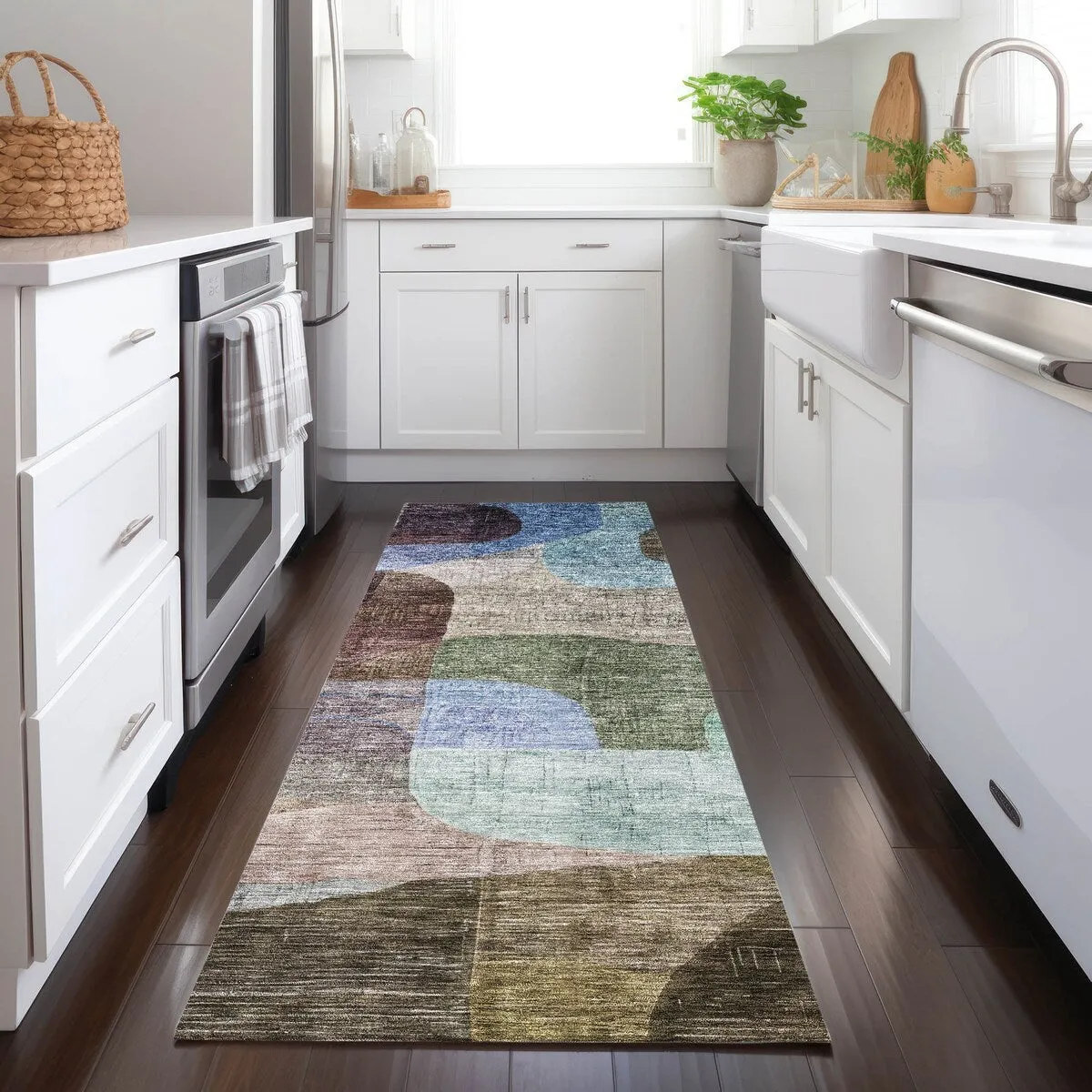 Machine Washable Indoor/ Outdoor Abstract Contemporary Chantille Rug