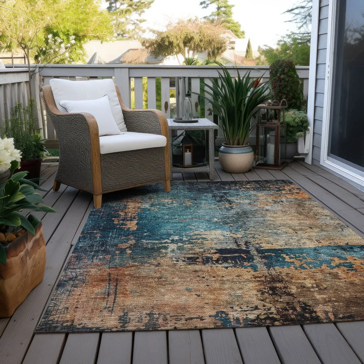 Machine Washable Indoor/ Outdoor Abstract Contemporary Chantille Rug