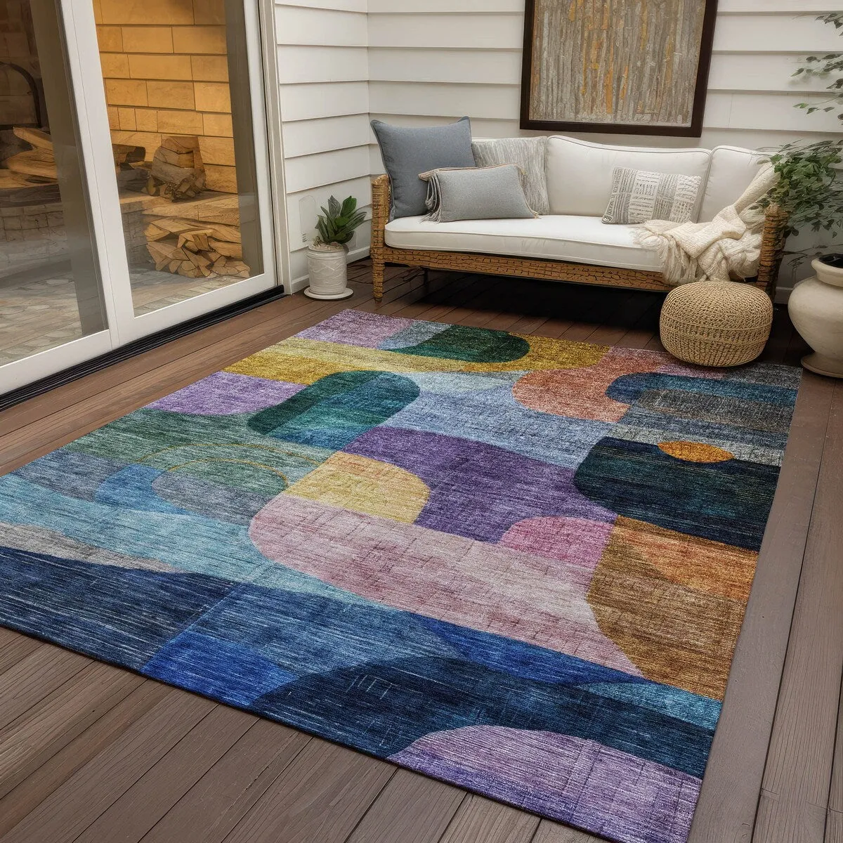 Machine Washable Indoor/ Outdoor Abstract Contemporary Chantille Rug