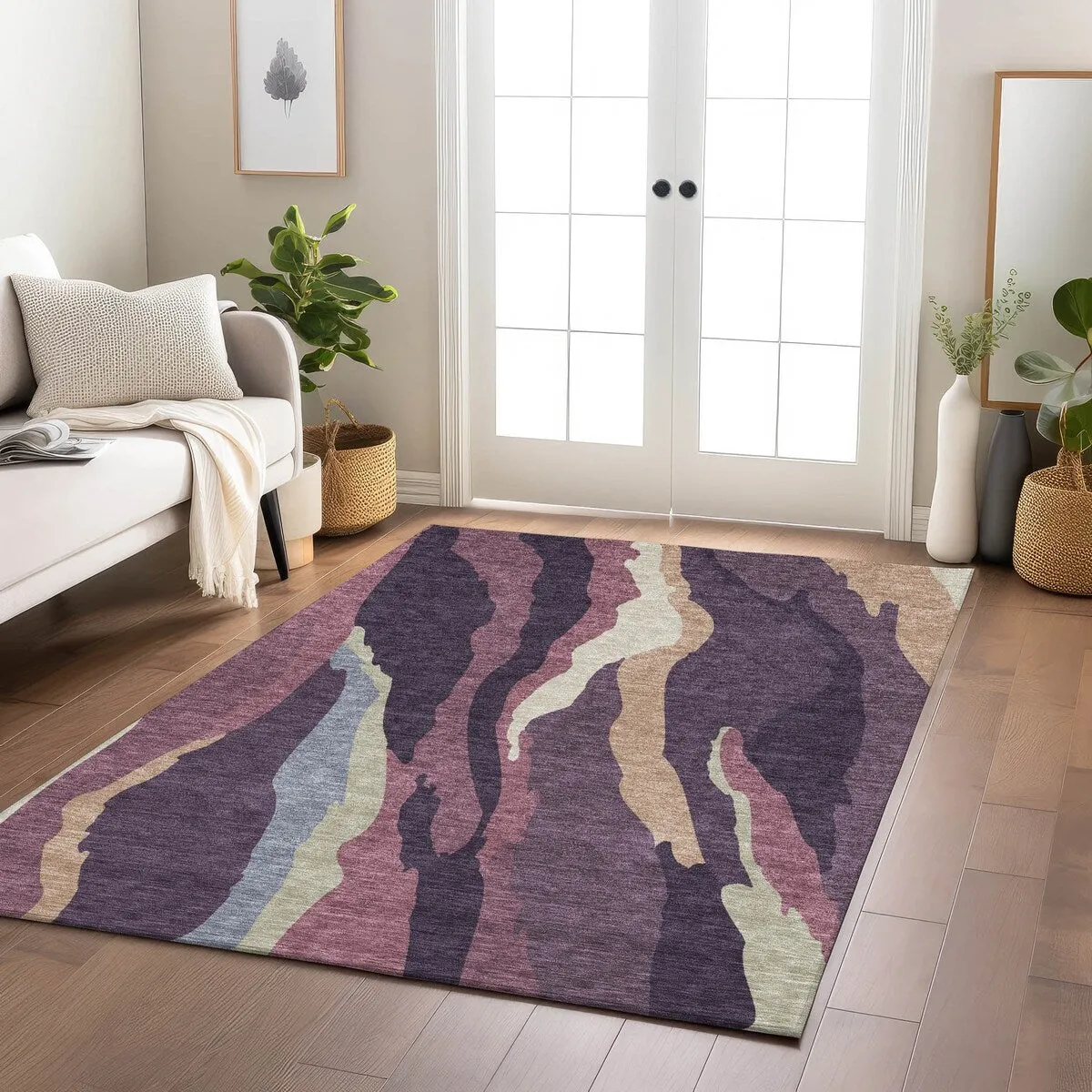 Machine Washable Indoor/ Outdoor Abstract Contemporary Chantille Rug
