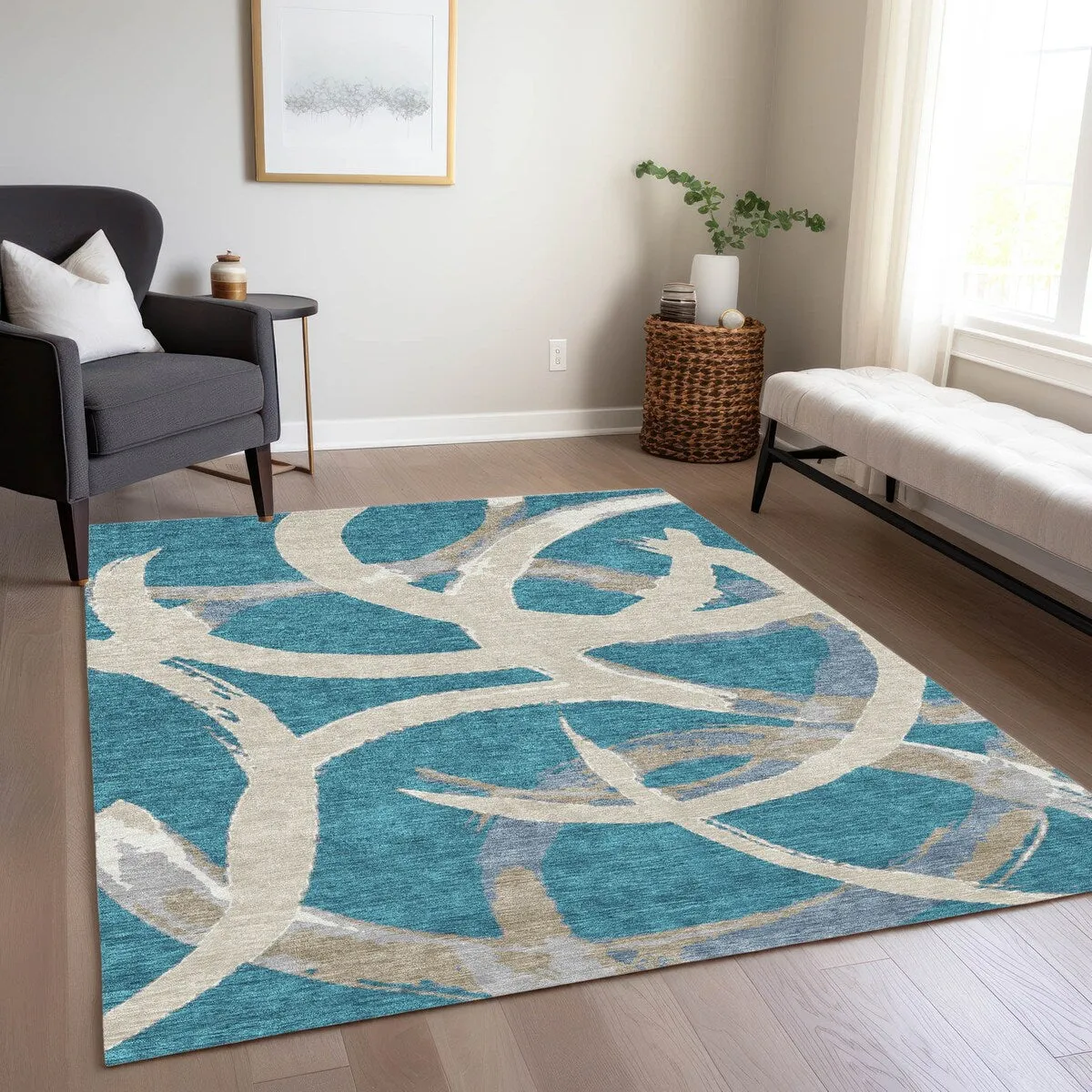 Machine Washable Indoor/ Outdoor Abstract Contemporary Chantille Rug