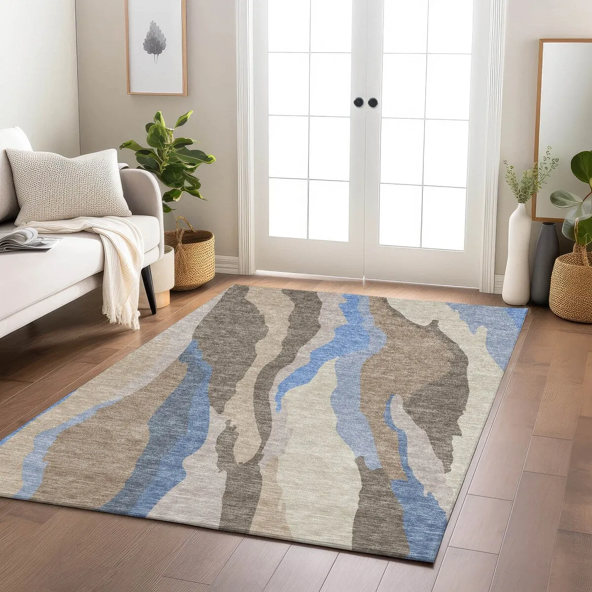 Machine Washable Indoor/ Outdoor Abstract Contemporary Chantille Rug