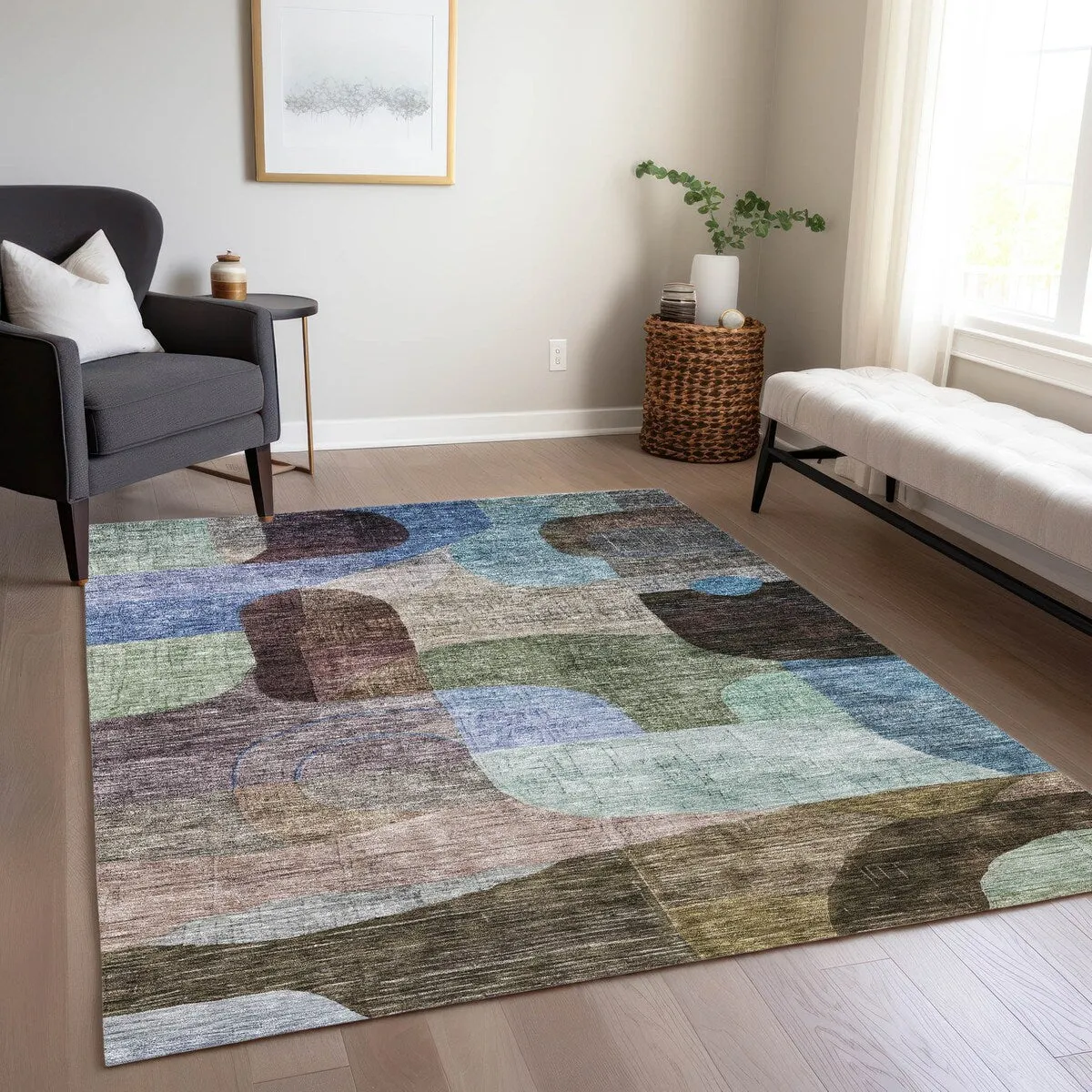 Machine Washable Indoor/ Outdoor Abstract Contemporary Chantille Rug