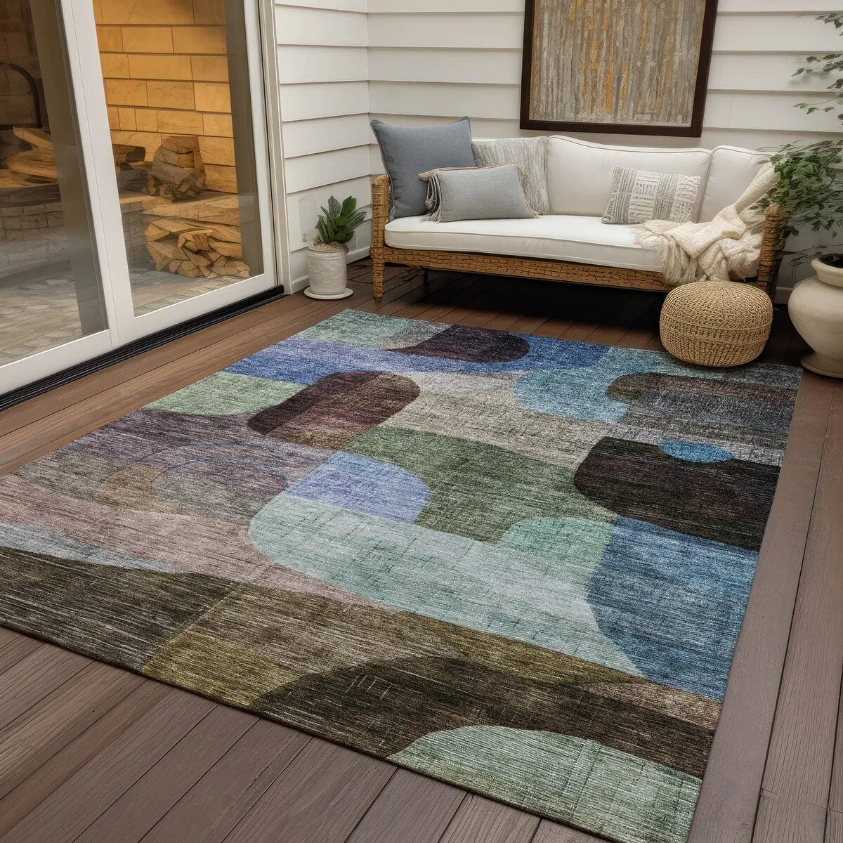 Machine Washable Indoor/ Outdoor Abstract Contemporary Chantille Rug