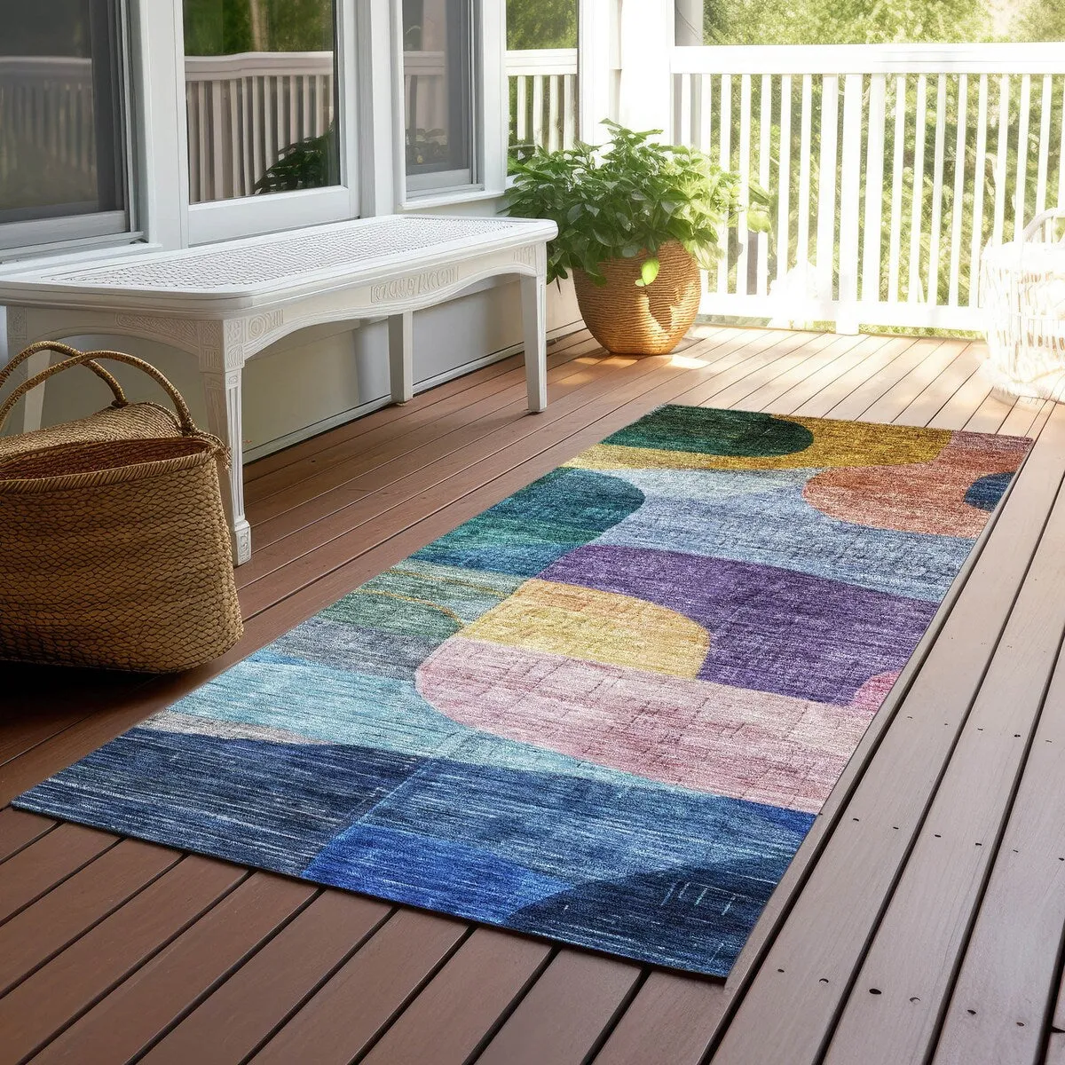 Machine Washable Indoor/ Outdoor Abstract Contemporary Chantille Rug