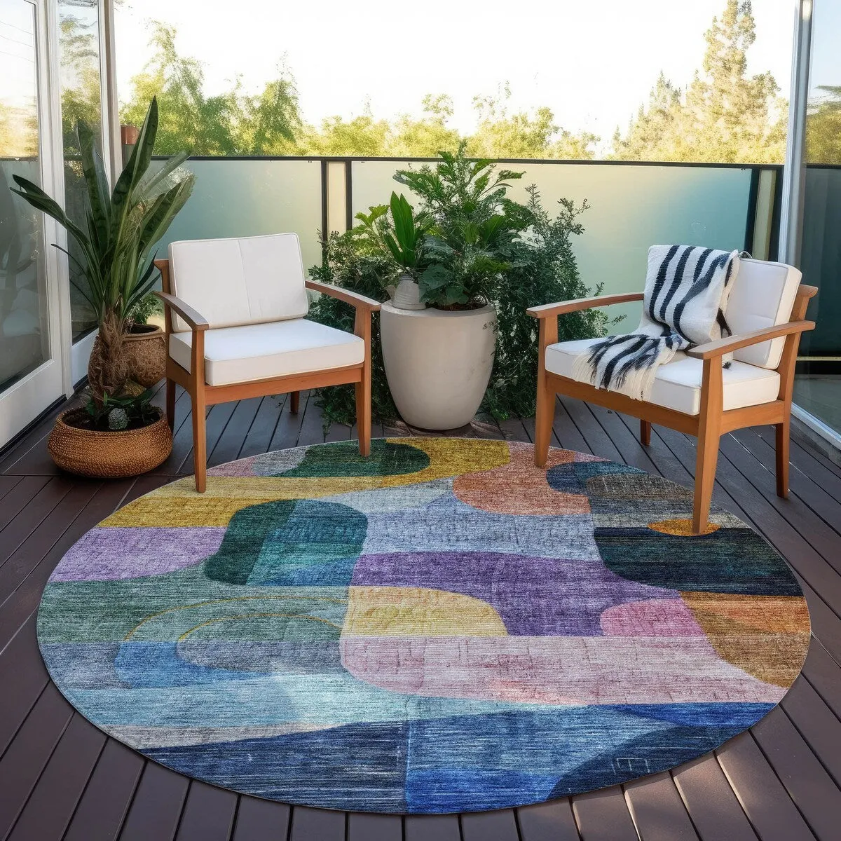 Machine Washable Indoor/ Outdoor Abstract Contemporary Chantille Rug