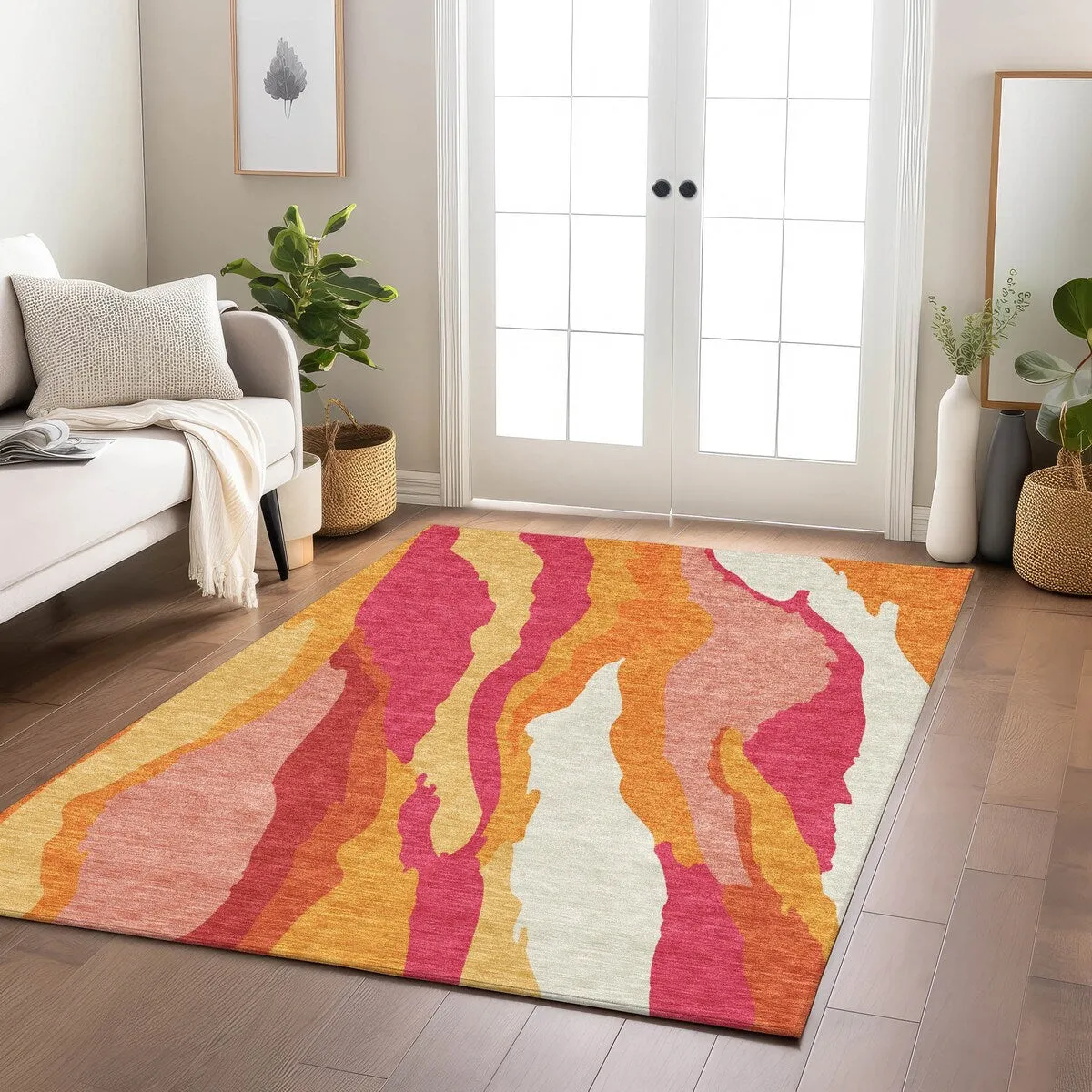 Machine Washable Indoor/ Outdoor Abstract Contemporary Chantille Rug