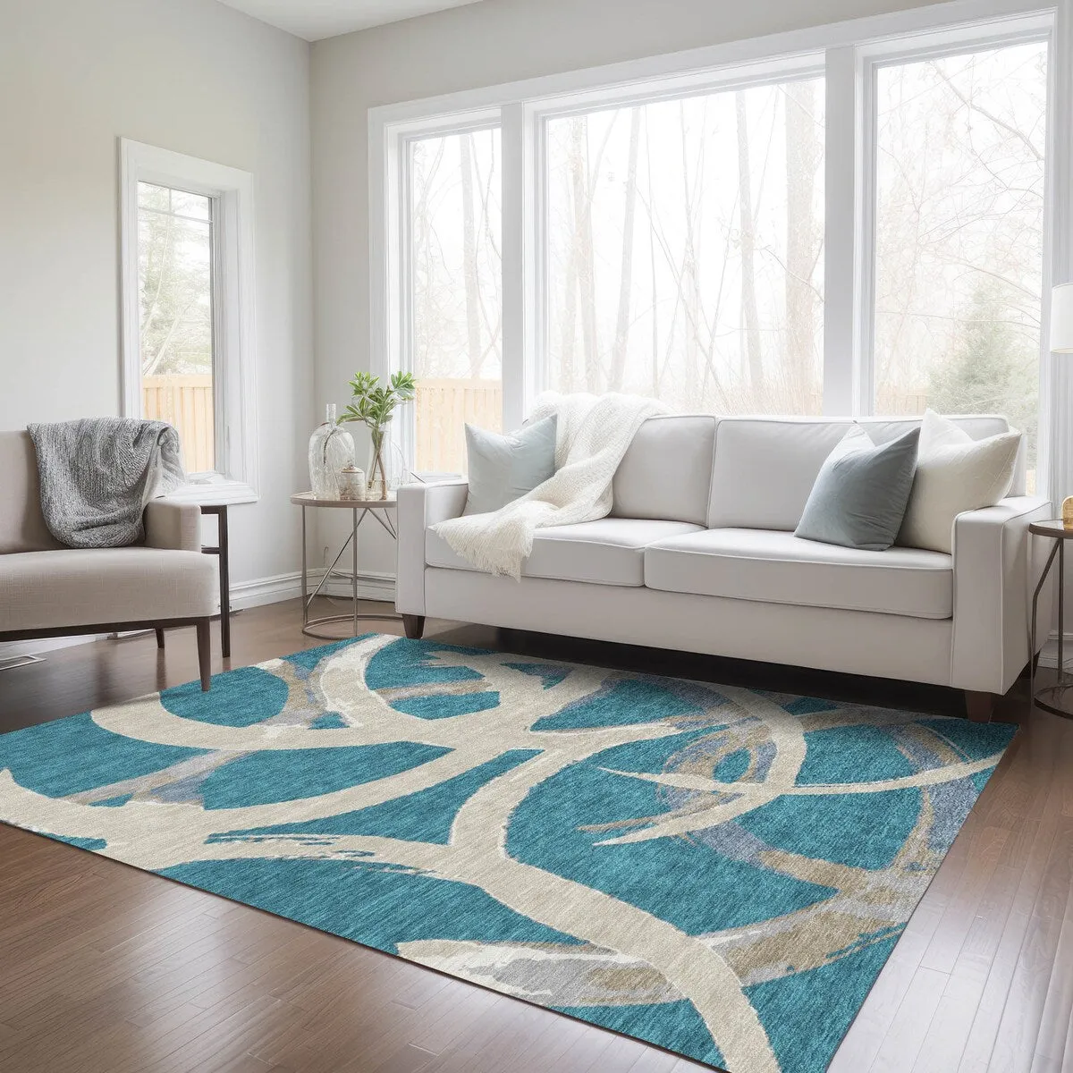 Machine Washable Indoor/ Outdoor Abstract Contemporary Chantille Rug