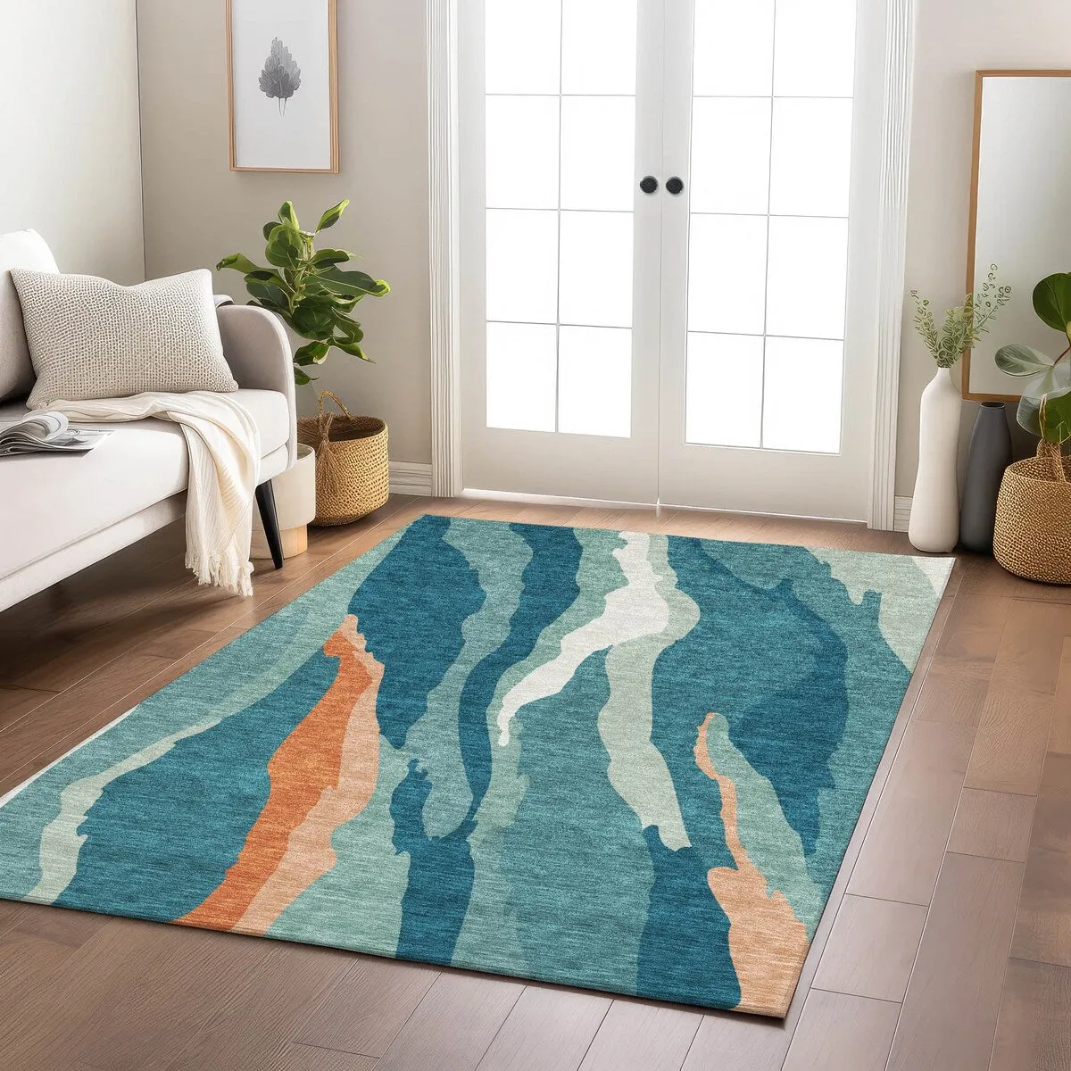 Machine Washable Indoor/ Outdoor Abstract Contemporary Chantille Rug