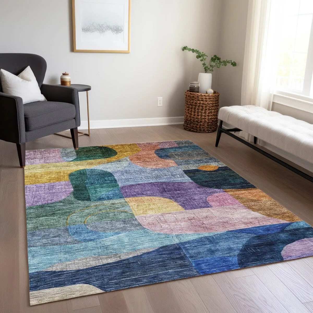 Machine Washable Indoor/ Outdoor Abstract Contemporary Chantille Rug