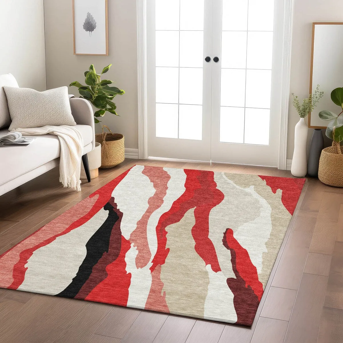 Machine Washable Indoor/ Outdoor Abstract Contemporary Chantille Rug