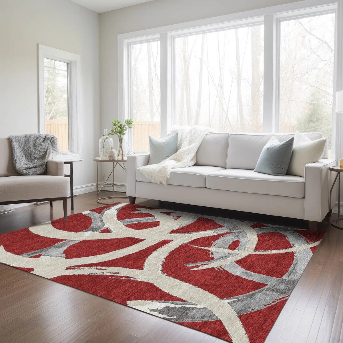Machine Washable Indoor/ Outdoor Abstract Contemporary Chantille Rug