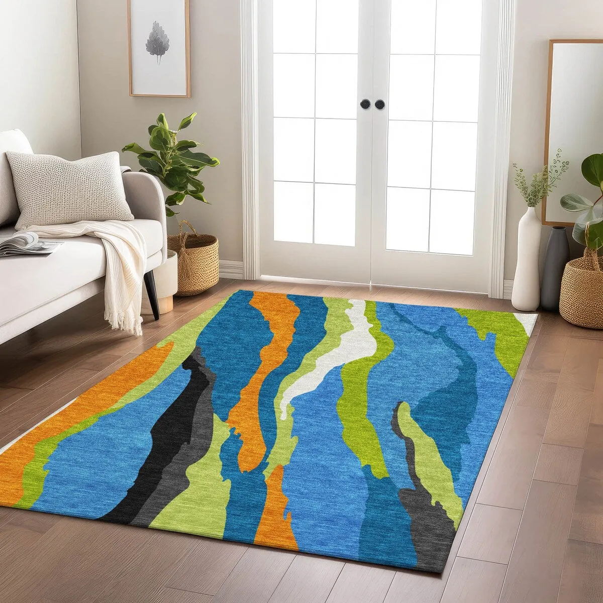 Machine Washable Indoor/ Outdoor Abstract Contemporary Chantille Rug