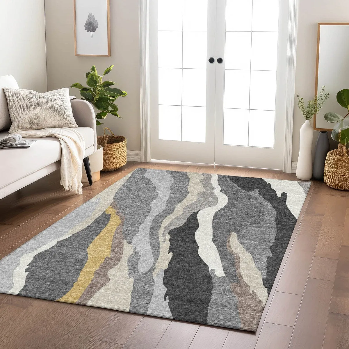 Machine Washable Indoor/ Outdoor Abstract Contemporary Chantille Rug