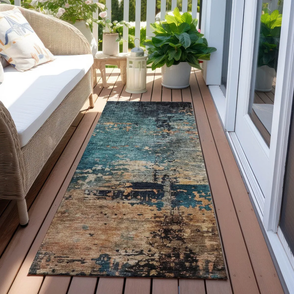 Machine Washable Indoor/ Outdoor Abstract Contemporary Chantille Rug