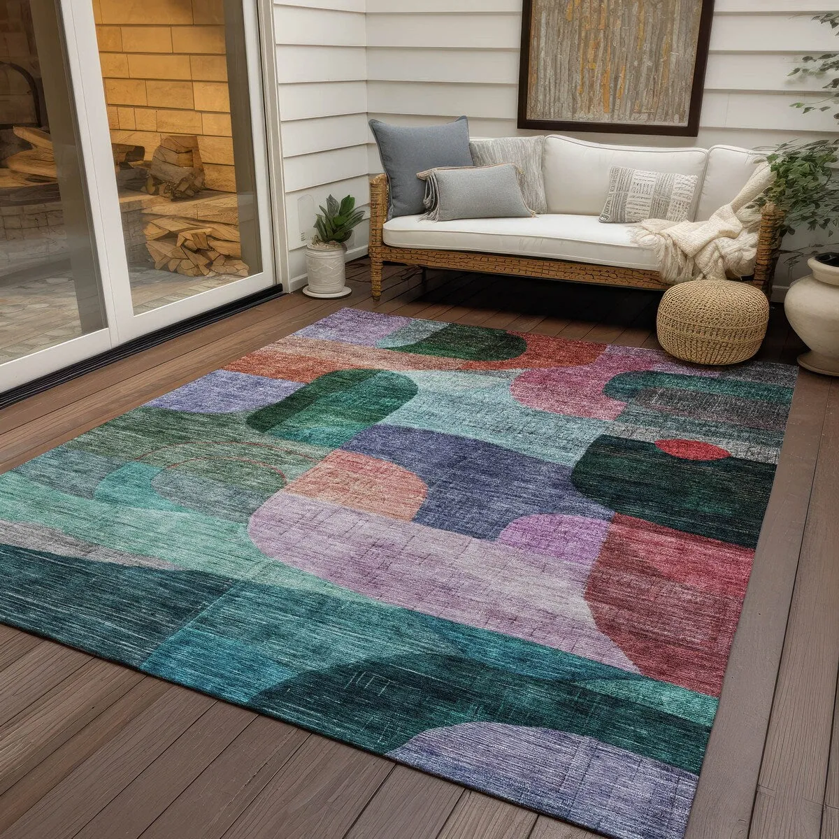 Machine Washable Indoor/ Outdoor Abstract Contemporary Chantille Rug