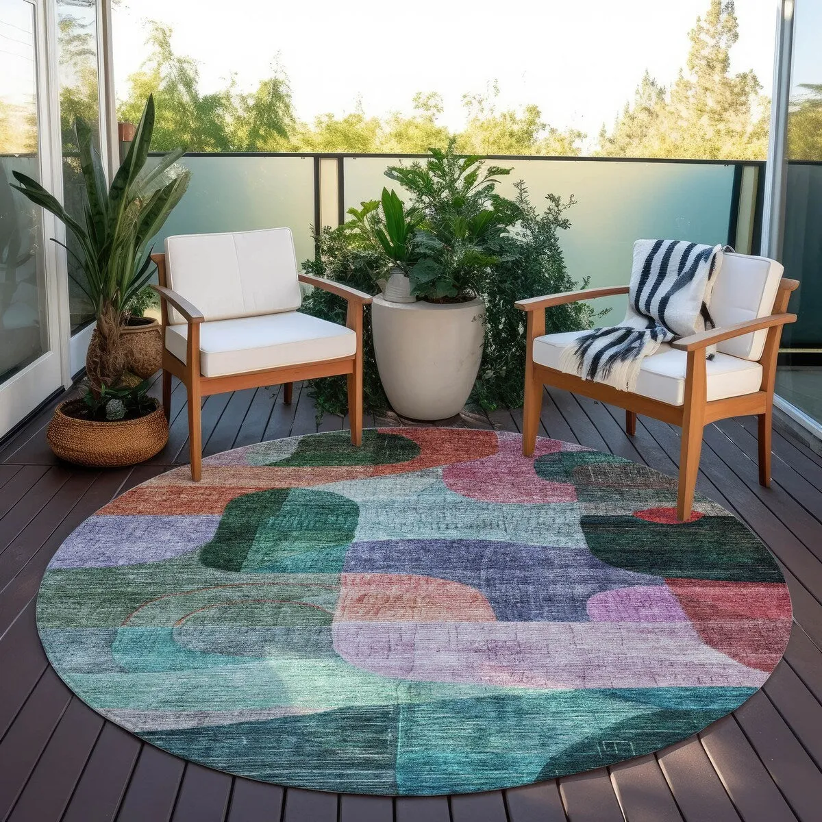 Machine Washable Indoor/ Outdoor Abstract Contemporary Chantille Rug