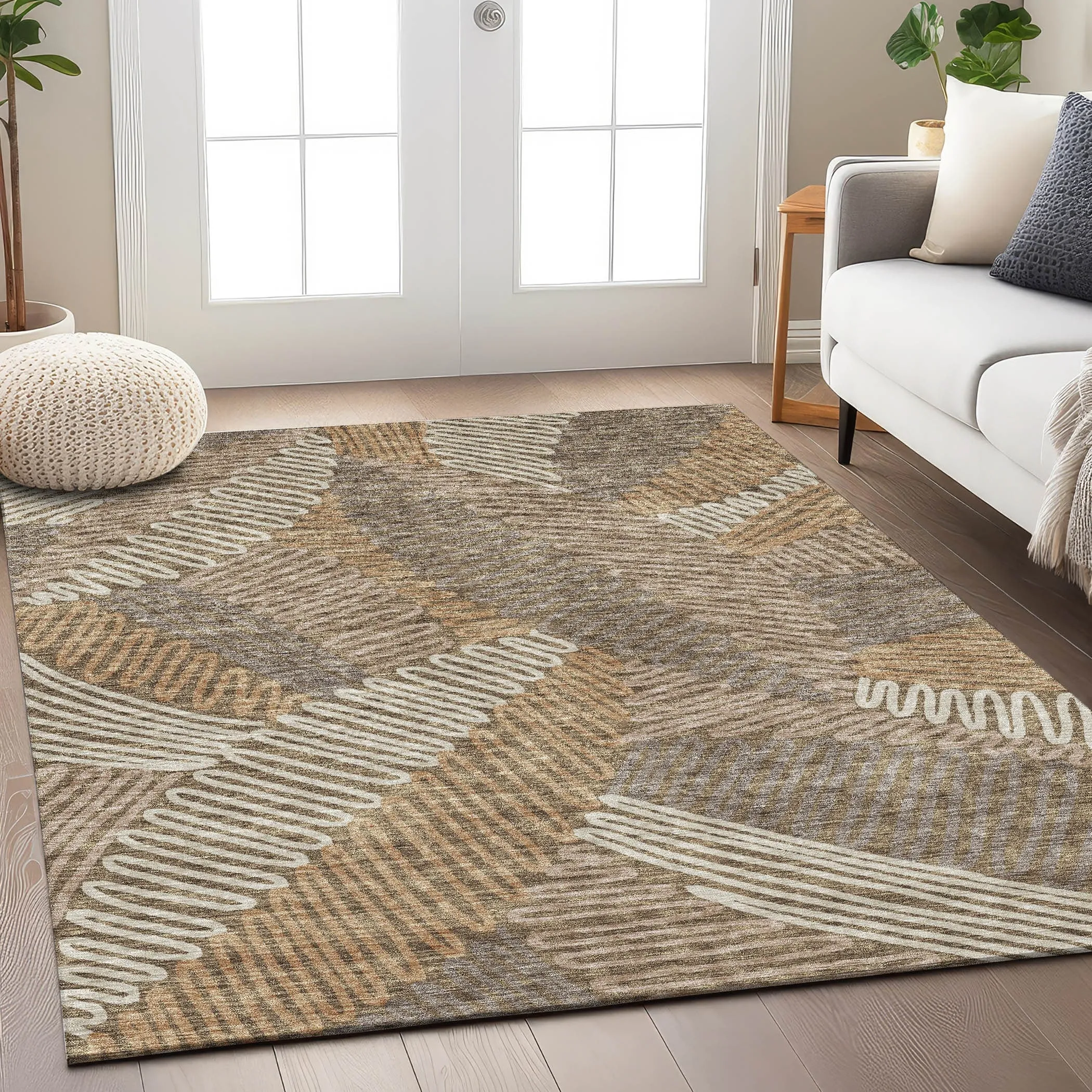 Machine Washable Indoor/ Outdoor Chantille Contemporary Squiggles Rug