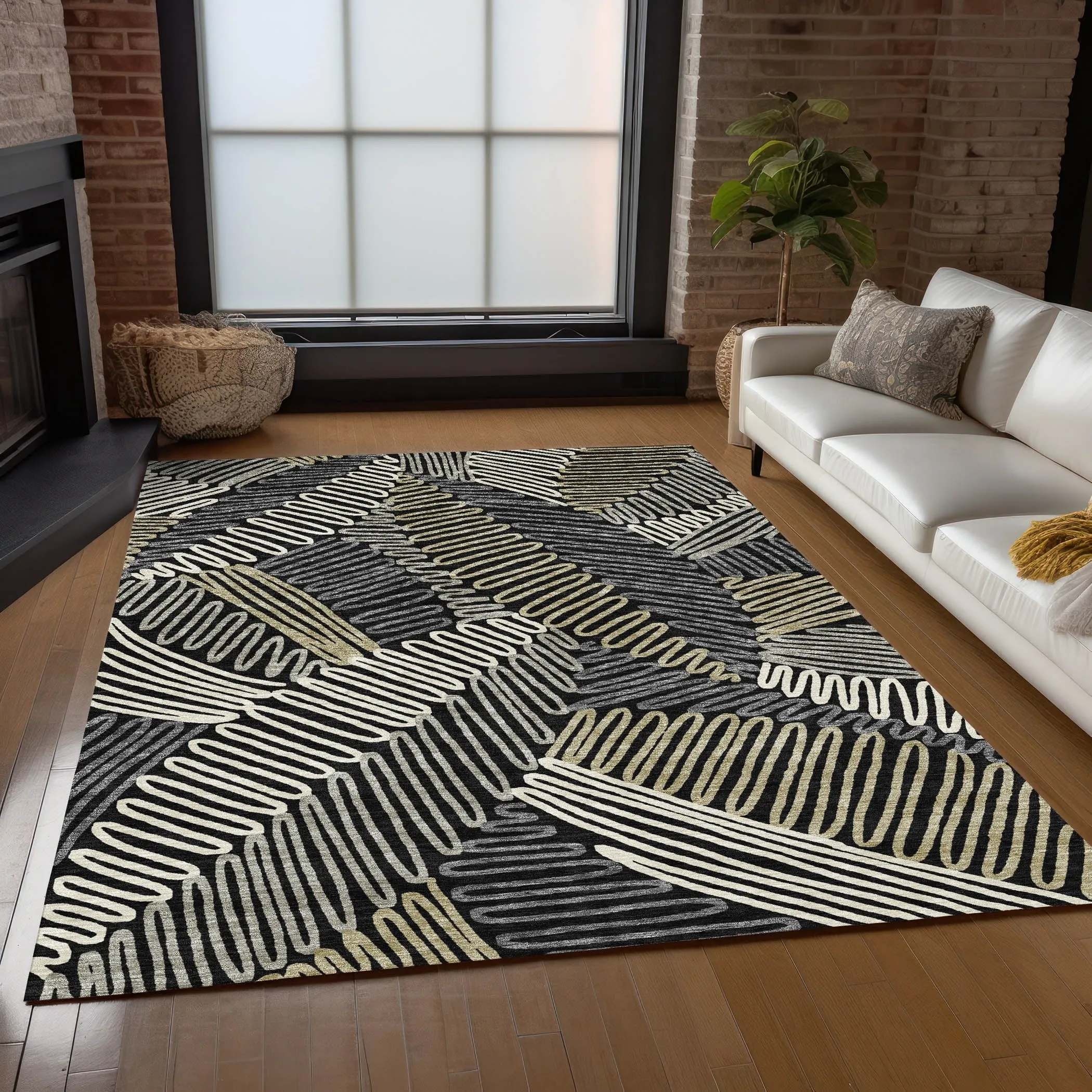 Machine Washable Indoor/ Outdoor Chantille Contemporary Squiggles Rug