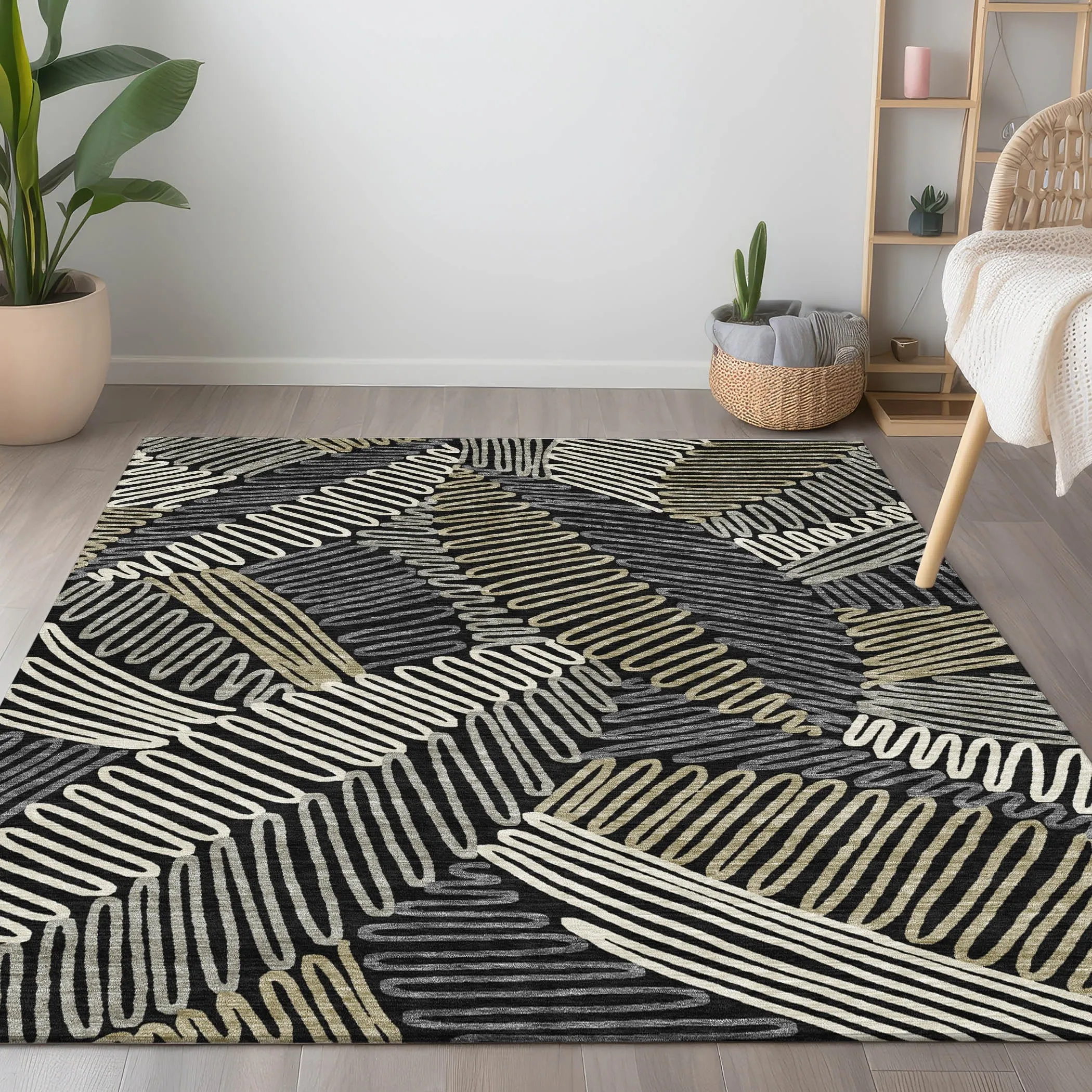 Machine Washable Indoor/ Outdoor Chantille Contemporary Squiggles Rug