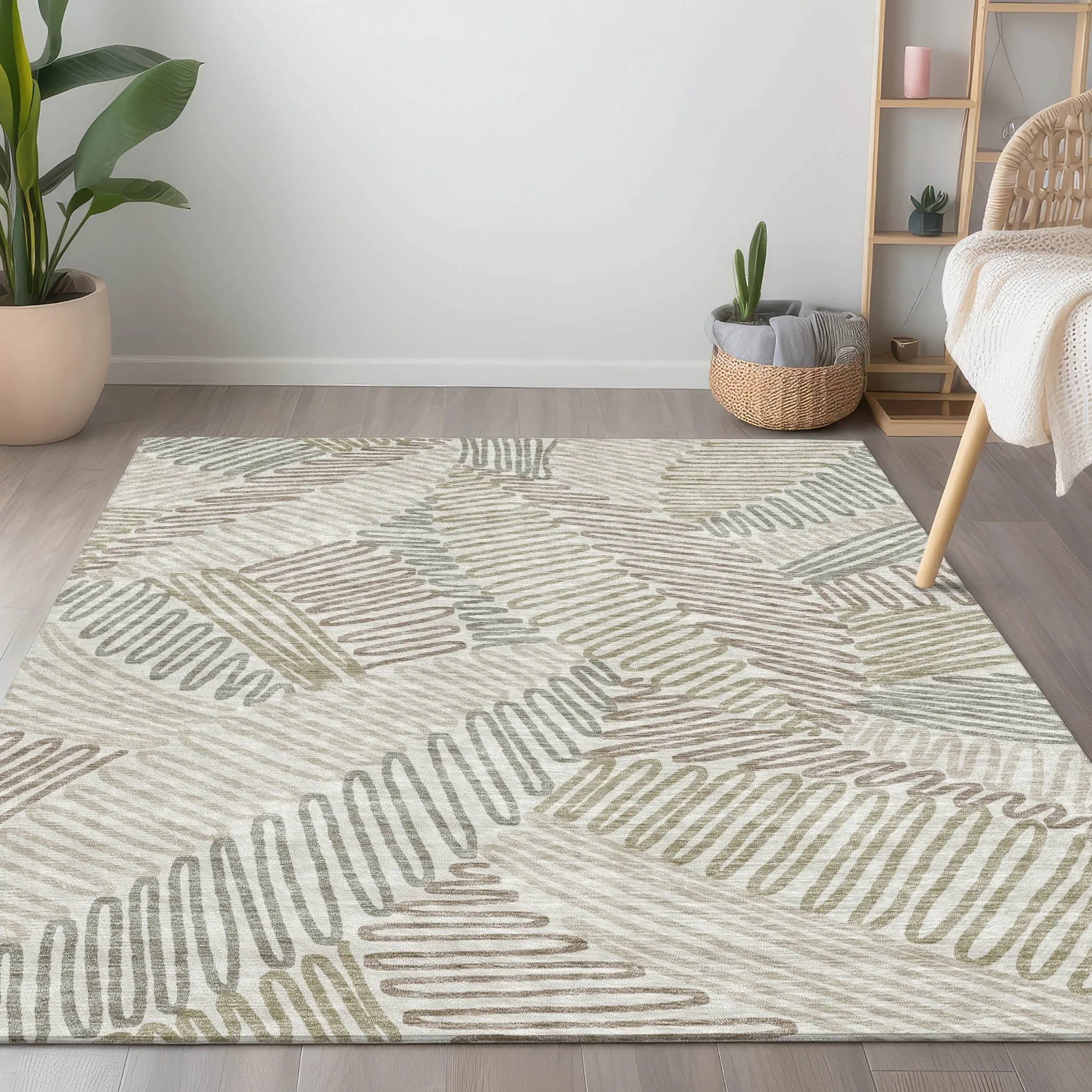 Machine Washable Indoor/ Outdoor Chantille Contemporary Squiggles Rug
