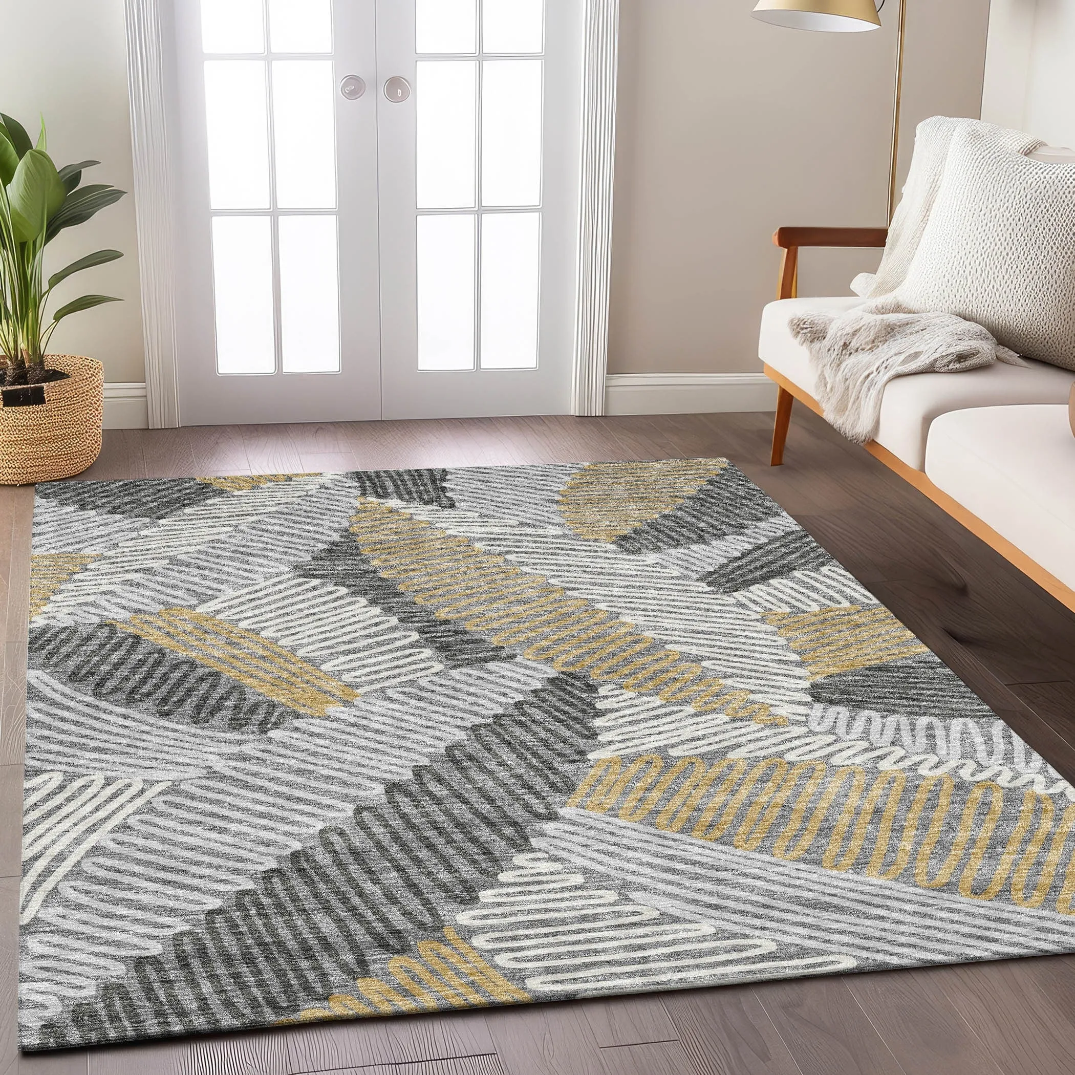 Machine Washable Indoor/ Outdoor Chantille Contemporary Squiggles Rug
