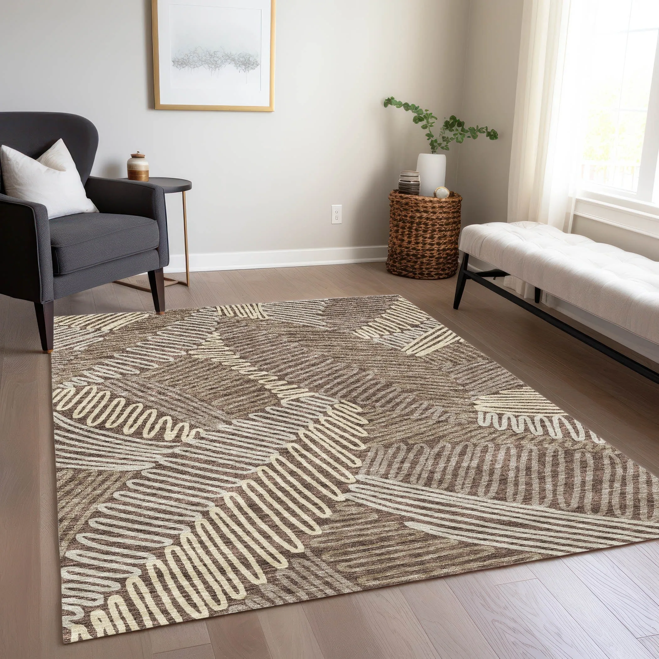 Machine Washable Indoor/ Outdoor Chantille Contemporary Squiggles Rug
